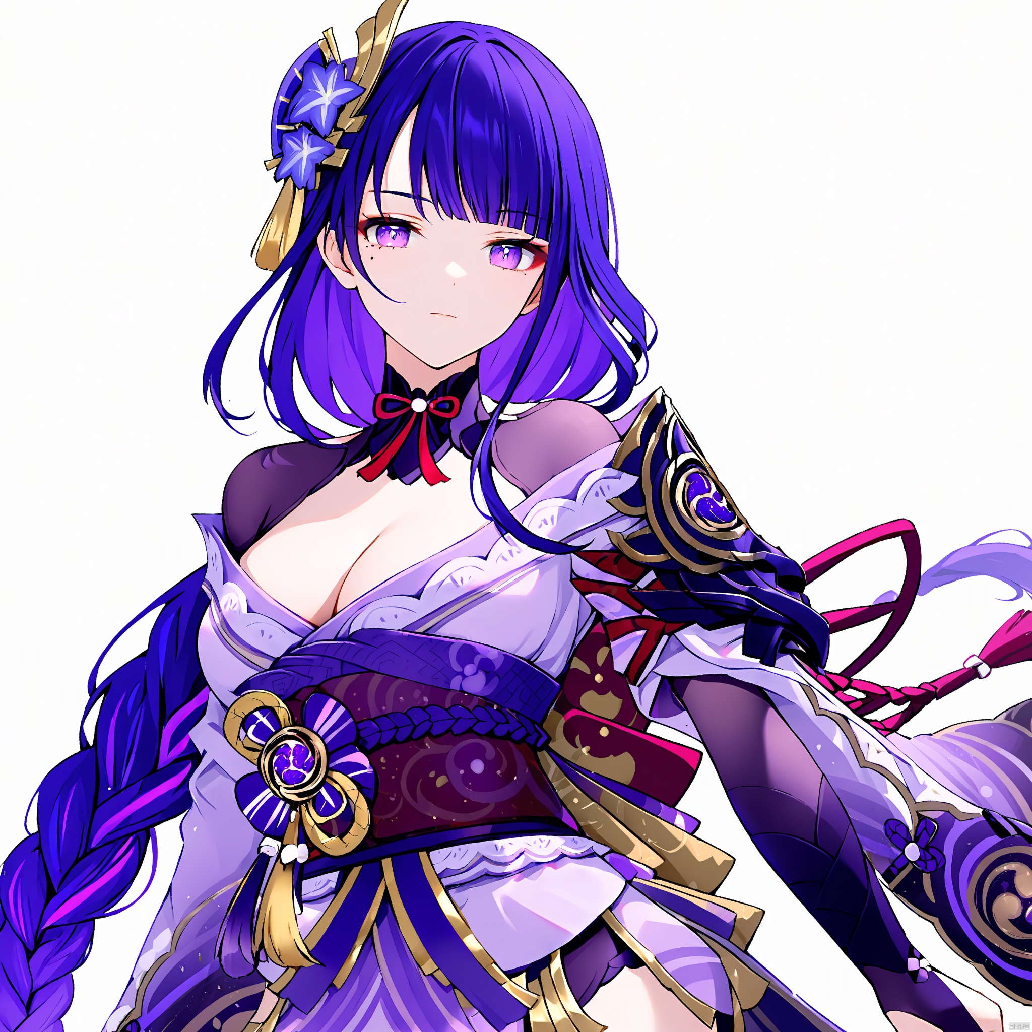 raiden shogun, solo, 1girl, breasts, long hair, looking at viewer, purple eyes, japanese clothes, cleavage, purple hair, white background, bangs, sash, hair ornament, braid, obi, ribbon, obiage, kimono, simple background, closed mouth, armor, shoulder armor, purple flower, obijime, tassel, wide sleeves, long sleeves, flower, bridal gauntlets, mole under eye, mole, large breasts, floral print, tomoe \(symbol\) , raiden shogun
