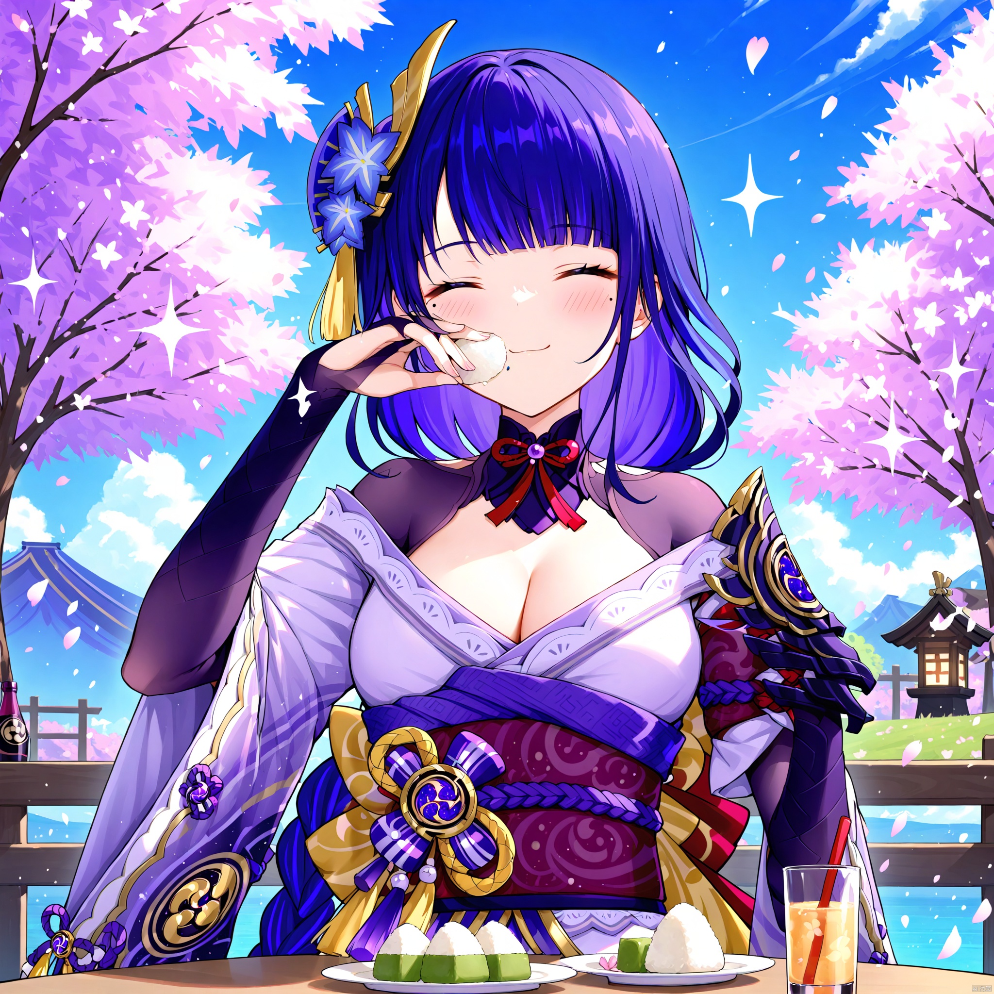 raiden shogun, 1girl, food, sash, japanese clothes, breasts, obi, hand on own face, wagashi, closed eyes, purple hair, solo, hand on own cheek, cleavage, hair ornament, bridal gauntlets, bottle, obiage, kimono, obijime, armor, bangs, mole under eye, tomoe \(symbol\), blush, smile, holding, mitsudomoe \(shape\), dango, sparkle, cherry blossoms, sky, day, outdoors, mole, onigiri, wide sleeves, plate, blurry, eating, long hair, cup, ^_^, long sleeves, petals, blunt bangs, shoulder armor, cloud, vision \(genshin impact\), tree, closed mouth, purple kimono, blue sky, facing viewer, holding bottle, braid, large breasts
