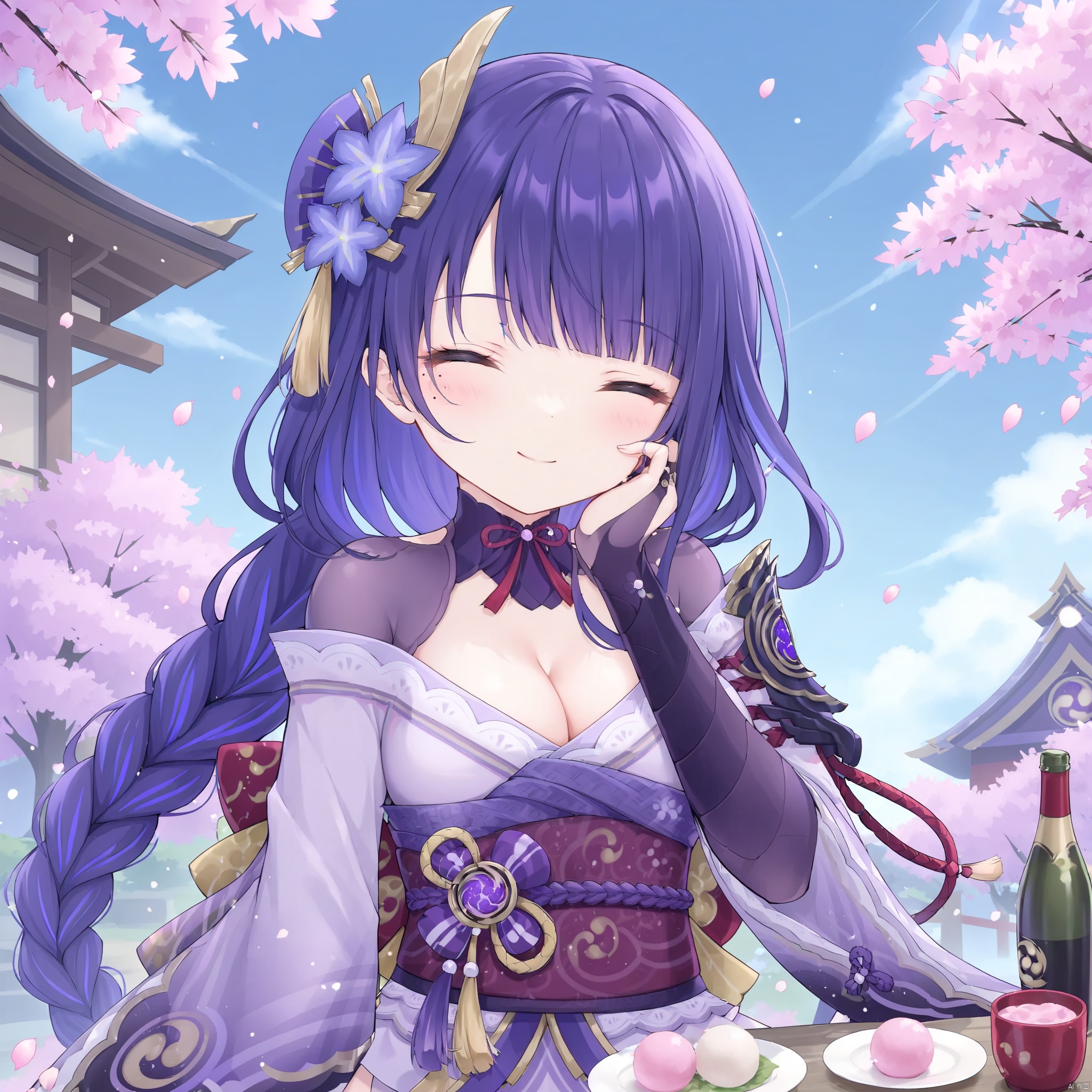 raiden shogun, 1girl, food, sash, japanese clothes, breasts, obi, hand on own face, wagashi, closed eyes, purple hair, solo, hand on own cheek, cleavage, hair ornament, bridal gauntlets, bottle, obiage, kimono, obijime, armor, bangs, mole under eye, tomoe \(symbol\), blush, smile, holding, mitsudomoe \(shape\), dango, sparkle, cherry blossoms, sky, day, outdoors, mole, onigiri, wide sleeves, plate, blurry, eating, long hair, cup, ^_^, long sleeves, petals, blunt bangs, shoulder armor, cloud, vision \(genshin impact\), tree, closed mouth, purple kimono, blue sky, facing viewer, holding bottle, braid, large breasts, raiden shogun
, loli