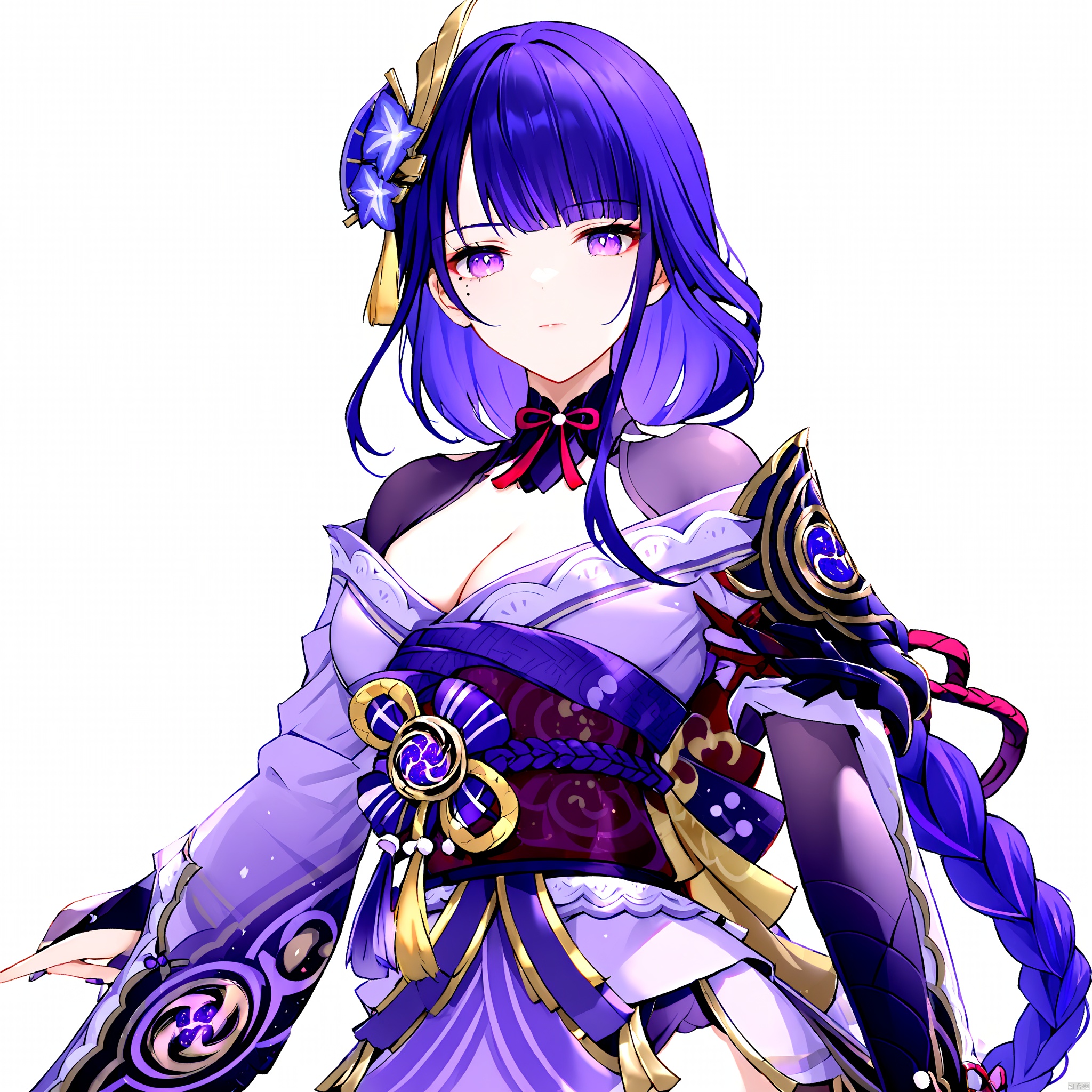 raiden shogun, solo, 1girl, breasts, long hair, looking at viewer, purple eyes, japanese clothes, cleavage, purple hair, white background, bangs, sash, hair ornament, braid, obi, ribbon, obiage, kimono, simple background, closed mouth, armor, shoulder armor, purple flower, obijime, tassel, wide sleeves, long sleeves, flower, bridal gauntlets, mole under eye, mole, large breasts, floral print, tomoe \(symbol\) , raiden shogun
