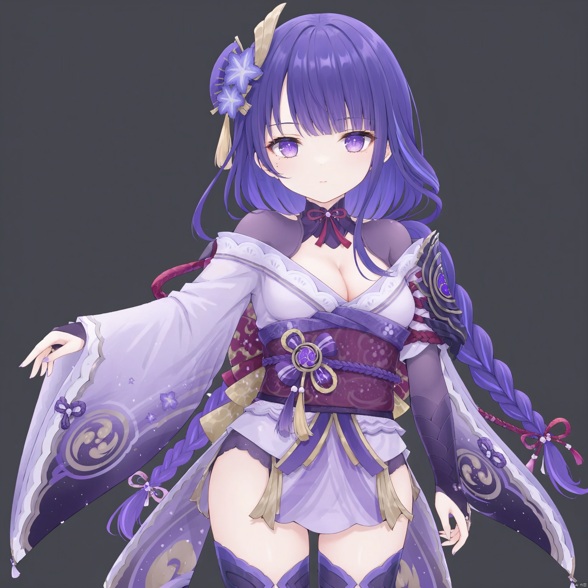 raiden shogun, solo, 1girl, breasts, long hair, looking at viewer, purple eyes, japanese clothes, cleavage, purple hair, white background, bangs, sash, hair ornament, braid, obi, ribbon, obiage, kimono, simple background, closed mouth, armor, shoulder armor, purple flower, obijime, tassel, wide sleeves, long sleeves, flower, bridal gauntlets, mole under eye, mole, large breasts, floral print, tomoe \(symbol\) , raiden shogun
, loli