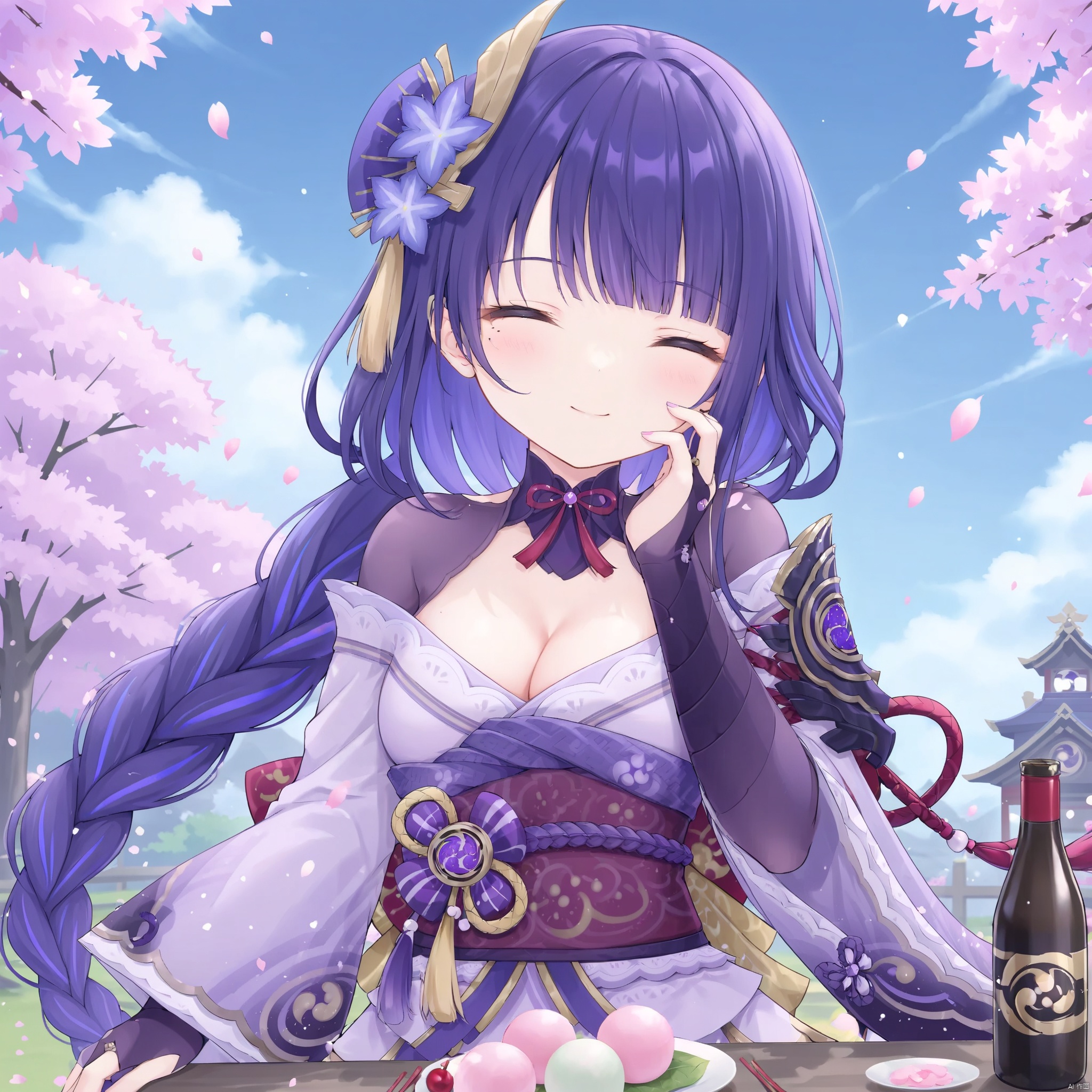 raiden shogun, 1girl, food, sash, japanese clothes, breasts, obi, hand on own face, wagashi, closed eyes, purple hair, solo, hand on own cheek, cleavage, hair ornament, bridal gauntlets, bottle, obiage, kimono, obijime, armor, bangs, mole under eye, tomoe \(symbol\), blush, smile, holding, mitsudomoe \(shape\), dango, sparkle, cherry blossoms, sky, day, outdoors, mole, onigiri, wide sleeves, plate, blurry, eating, long hair, cup, ^_^, long sleeves, petals, blunt bangs, shoulder armor, cloud, vision \(genshin impact\), tree, closed mouth, purple kimono, blue sky, facing viewer, holding bottle, braid, large breasts, raiden shogun
, loli