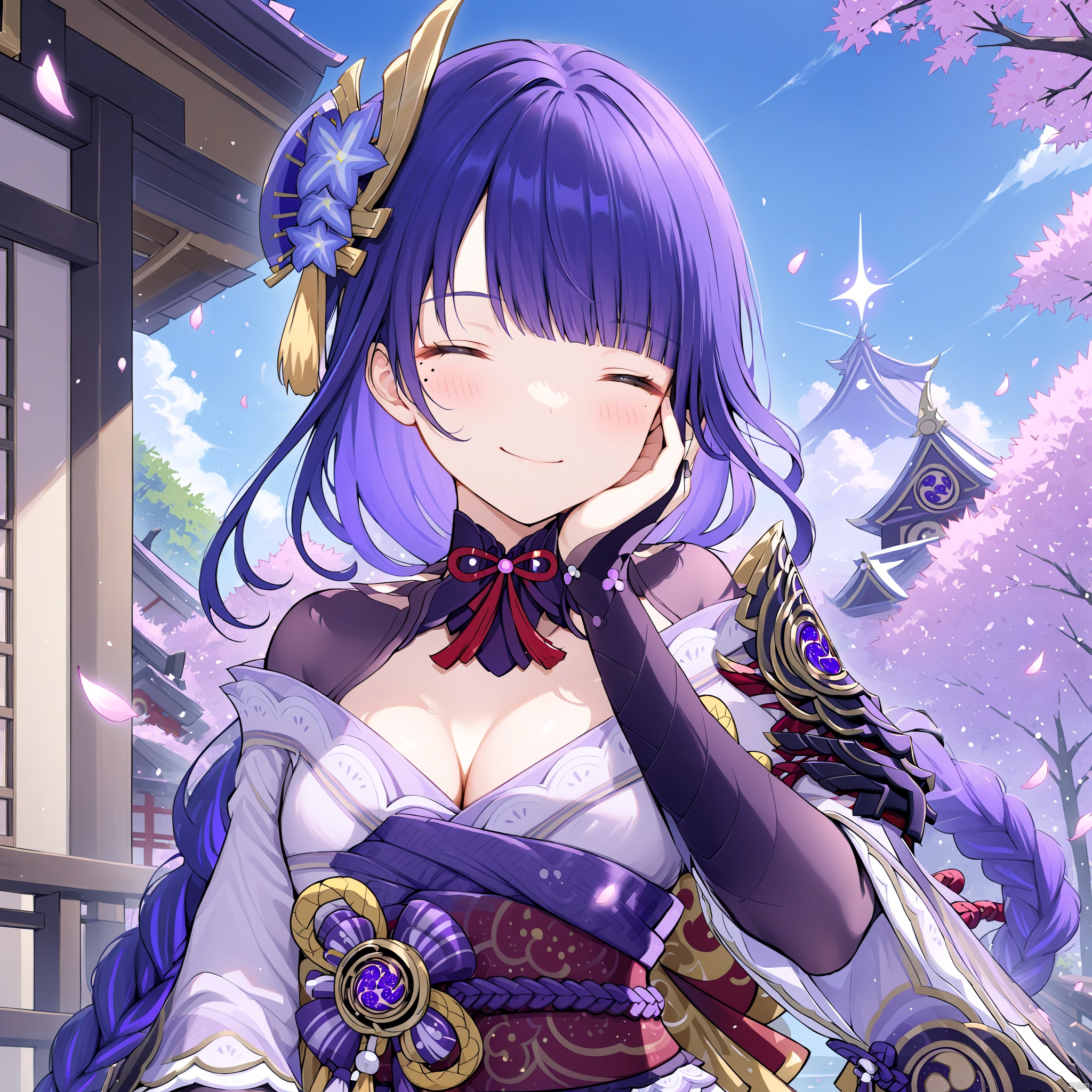 raiden shogun, 1girl, food, sash, japanese clothes, breasts, obi, hand on own face, wagashi, closed eyes, purple hair, solo, hand on own cheek, cleavage, hair ornament, bridal gauntlets, bottle, obiage, kimono, obijime, armor, bangs, mole under eye, tomoe \(symbol\), blush, smile, holding, mitsudomoe \(shape\), dango, sparkle, cherry blossoms, sky, day, outdoors, mole, onigiri, wide sleeves, plate, blurry, eating, long hair, cup, ^_^, long sleeves, petals, blunt bangs, shoulder armor, cloud, vision \(genshin impact\), tree, closed mouth, purple kimono, blue sky, facing viewer, holding bottle, braid, large breasts