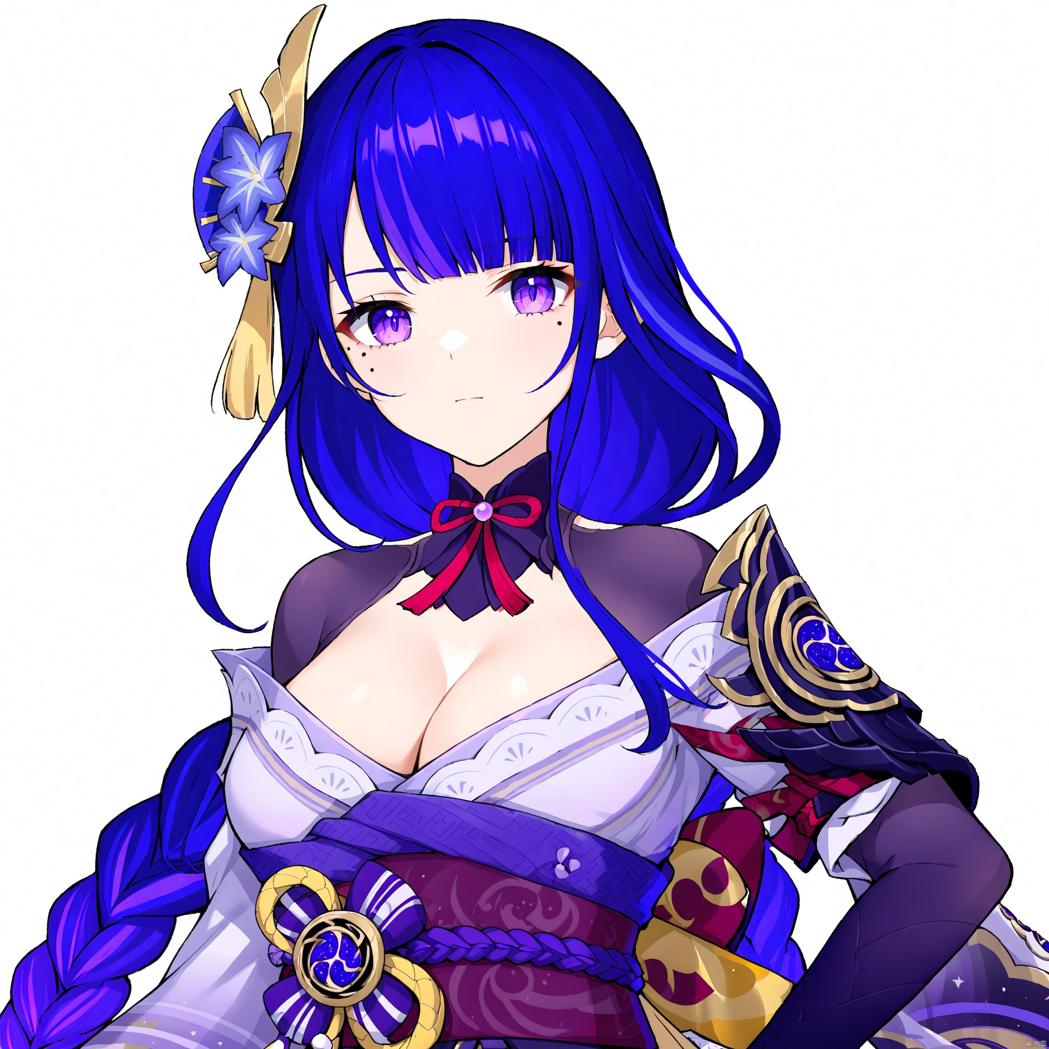 raiden shogun, solo, 1girl, breasts, long hair, looking at viewer, purple eyes, japanese clothes, cleavage, purple hair, white background, bangs, sash, hair ornament, braid, obi, ribbon, obiage, kimono, simple background, closed mouth, armor, shoulder armor, purple flower, obijime, tassel, wide sleeves, long sleeves, flower, bridal gauntlets, mole under eye, mole, large breasts, floral print, tomoe \(symbol\) , raiden shogun
