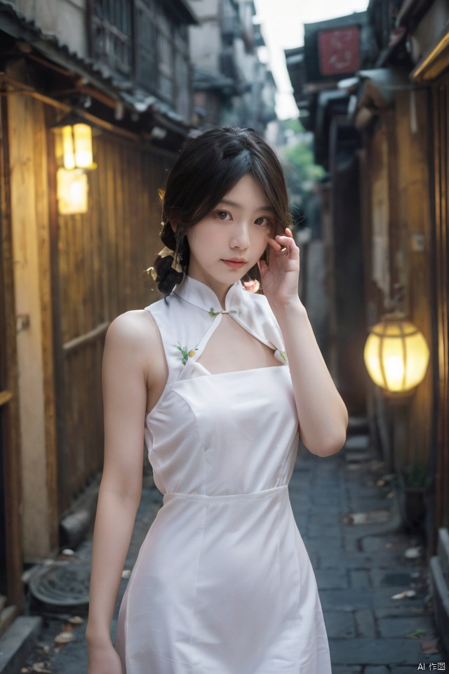  best quality,masterpiece,ultra high res,looking at viewer,simple background,portrait (object),
masterpiece, best quality, ultra high res, a poised beauty in a traditional qipao dress, exquisitely embroidered with dragons, gracing a vintage Shanghai alley, illuminated by the soft glow of lanterns casting long shadows, evoking a nostalgic, mysterious mood, shot with a telephoto lens for intimate portraiture, isolating her amidst the ambient hustle, capturing the essence of timelessness.

