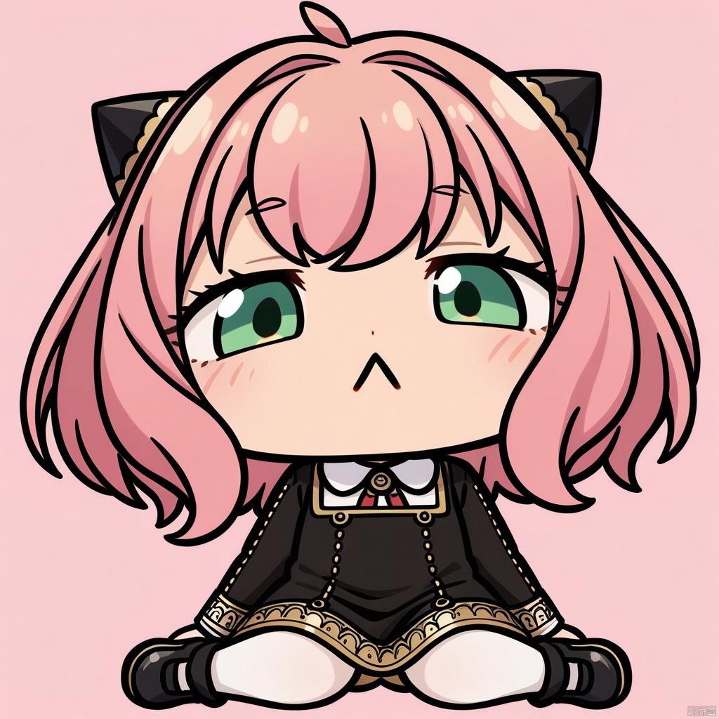 close-up, chibi, :<, (masterpiece),(best quality),Anya Forger, 1girl, anya \(spy x family\), solo, female child, pink hair, green eyes, school uniform, eden academy school uniform, smile, dress, sitting, looking at viewer, open mouth, black footwear, black dress, child, shirt, :d, long sleeves, full body, shoes, medium hair, bangs, ahoge, white pantyhose, collared shirt