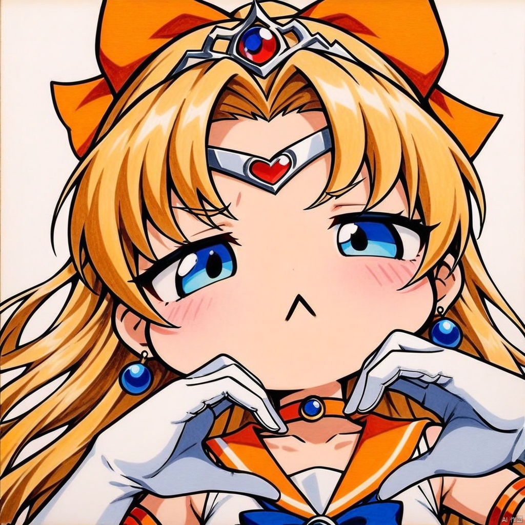 close-up, chibi, :<, (masterpiece),(best quality),1girl,sailor venus,masterpiece,best quality,very aesthetic,absurdres,aavenus,long hair,blonde hair,hair bow,tiara,blue eyes,earrings,orange choker,collarbone,orange sailor collar,blue bowtie,white shirt,white leotard,elbow gloves,white gloves,pleated skirt,orange skirt,heart hands,traditional media,