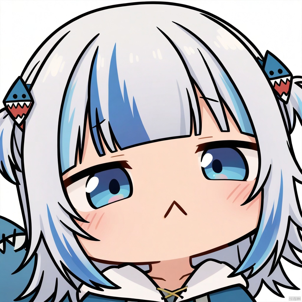 close-up, chibi, :<, 1girl, gawr gura, virtual youtuber, tail, fish tail, shark tail, solo, blue eyes, multicolored hair, grey hair, full body, blue hair, streaked hair, bangs, hair ornament, shark hair ornament, two side up, white background, hood, blunt bangs, shark girl, hoodie, simple background, blue hoodie