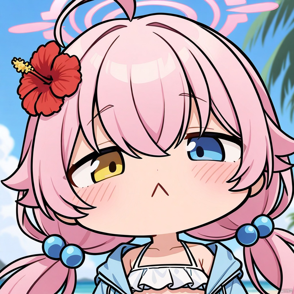 close-up, chibi, :<, (masterpiece),(best quality),solo, red flower, 1girl, hoshino (blue archive), flower, blue jacket, hoshino (swimsuit) (blue archive), hair ornament, white bikini, frilled bikini, heterochromia, swimsuit, twintails, long hair, ahoge, yellow eyes, bikini, navel, halo, blush, looking at viewer, jacket, frills, low twintails, blue eyes, open mouth, pink hair, collarbone, hair between eyes, hair bobbles, outdoors, long sleeves, hair flower, official alternate costume, hibiscus, open clothes, blurry