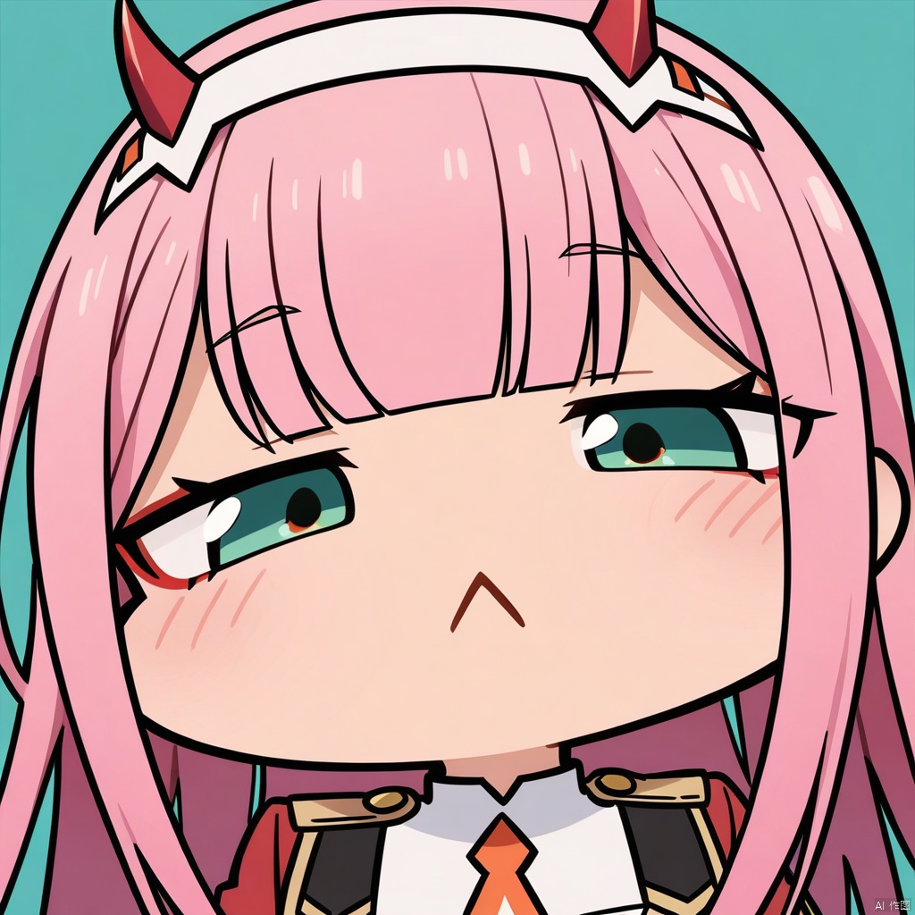 close-up, chibi, :<, (masterpiece),(best quality),1girl, aqua_background, aqua_eyes, blue_background, buttons, double-breasted, fangs, green_eyes, hairband, horns, long_hair, looking_at_viewer, military, military_uniform, necktie, pink_hair, sky, solo, tongue, tongue_out, uniform, white_hairband, zero_two_\(darling_in_the_franxx\)