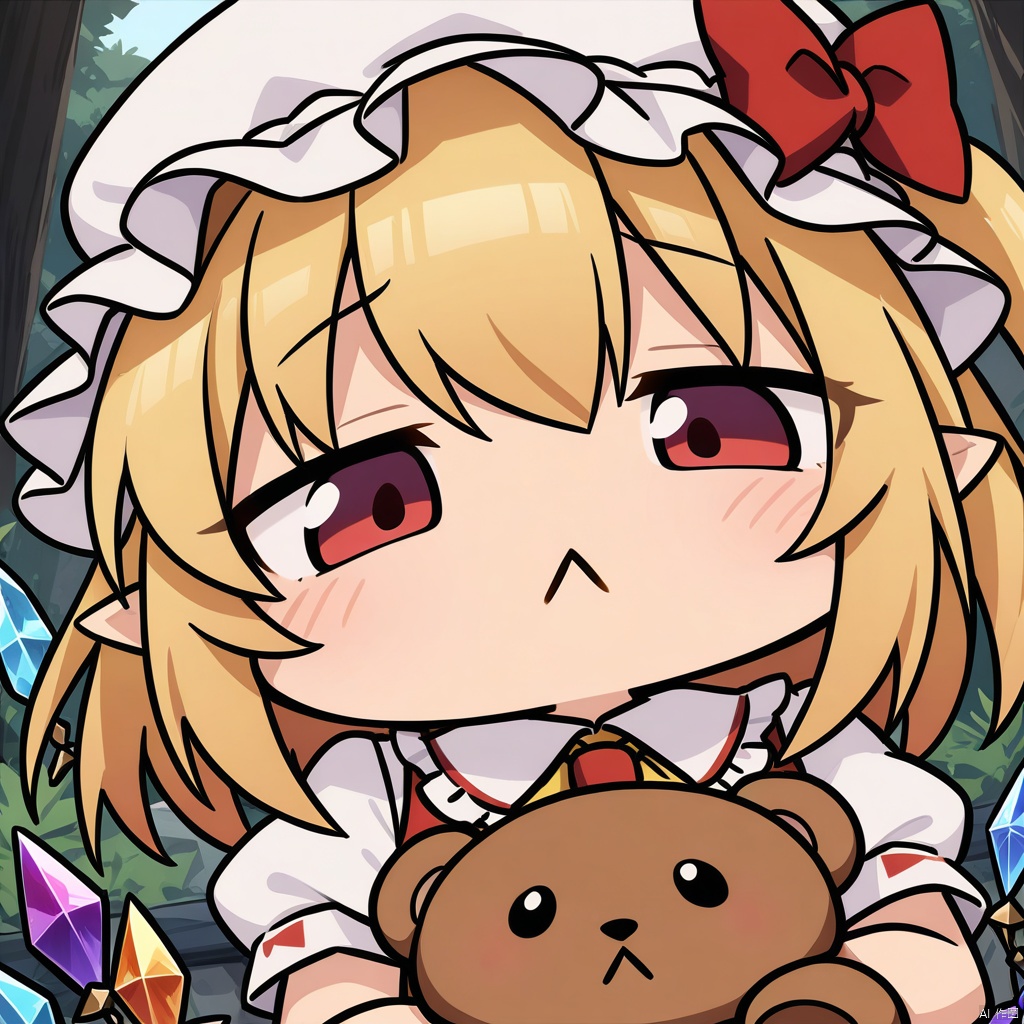 close-up, chibi, :<, (masterpiece),(best quality),1girl, flandre scarlet, touhou, hat, mob cap, solo, blonde hair, stuffed toy, red vest, wings, stuffed animal, teddy bear, red eyes, crystal, vest, white headwear, outdoor, short sleeves, one side up, holding, puffy sleeves, skirt, shirt, pointy ears, red skirt, looking at viewer, puffy short sleeves, ascot, yellow ascot, wrist cuffs, white shirt, holding stuffed toy, bow, frills, red bow, collared shirt, ribbon, frilled shirt collar, red ribbon, medium hair masterpiece, best quality, very aesthetic, absurdres