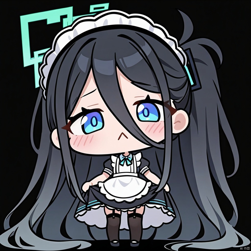  close-up, chibi, :<, (masterpiece),(best quality),masterpiece,best quality,very aesthetic,absurdres,newest,
BREAK
sdorica composition,black background,simple background,character name,
BREAK
1girl, solo, aris \(blue archive\), aris \(maid\) \(blue archive\), halo, long hair, black hair, thighhighs, white thighhighs, apron, blue eyes, official alternate costume, maid headdress, maid, very long hair, full body, simple background, white background, short sleeves, open mouth, dress, looking at viewer, maid apron, white apron, black footwear, borrowed clothes, shoes, black dress, frilled apron, frills, blush, upper teeth only, ponytail, smile, puffy sleeves, standing, side ponytail, teeth, puffy short sleeves, absurdly long hair, garter straps, skirt hold, bow, sidelocks,