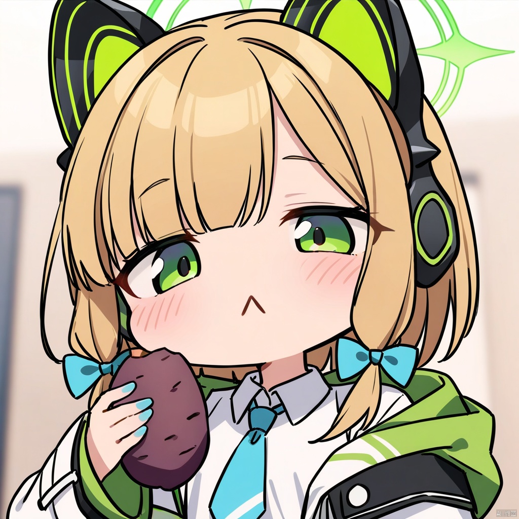  close-up, chibi, :<, 1girl, (masterpiece),(best quality),1girl,midori \(blue archive\),blue archive,aiamu iamu,holding food,holding,hooded jacket,food,sidelocks,:d,collared shirt,blurry,long sleeves,puffy sleeves,headphones,blue bow,hand up,necktie,upper body,halo,looking at viewer,jacket,sleeves past wrists,blush,nail polish,blue necktie,animal ear headphones,blurry background,blonde hair,shirt,green eyes,hood down,open clothes,depth of field,hood,smile,white jacket,fake animal ears,bow,puffy long sleeves,open jacket,solo,dress shirt,animal ears,white shirt,blue nails,hair bow,long hair,drawstring,sweet potato,