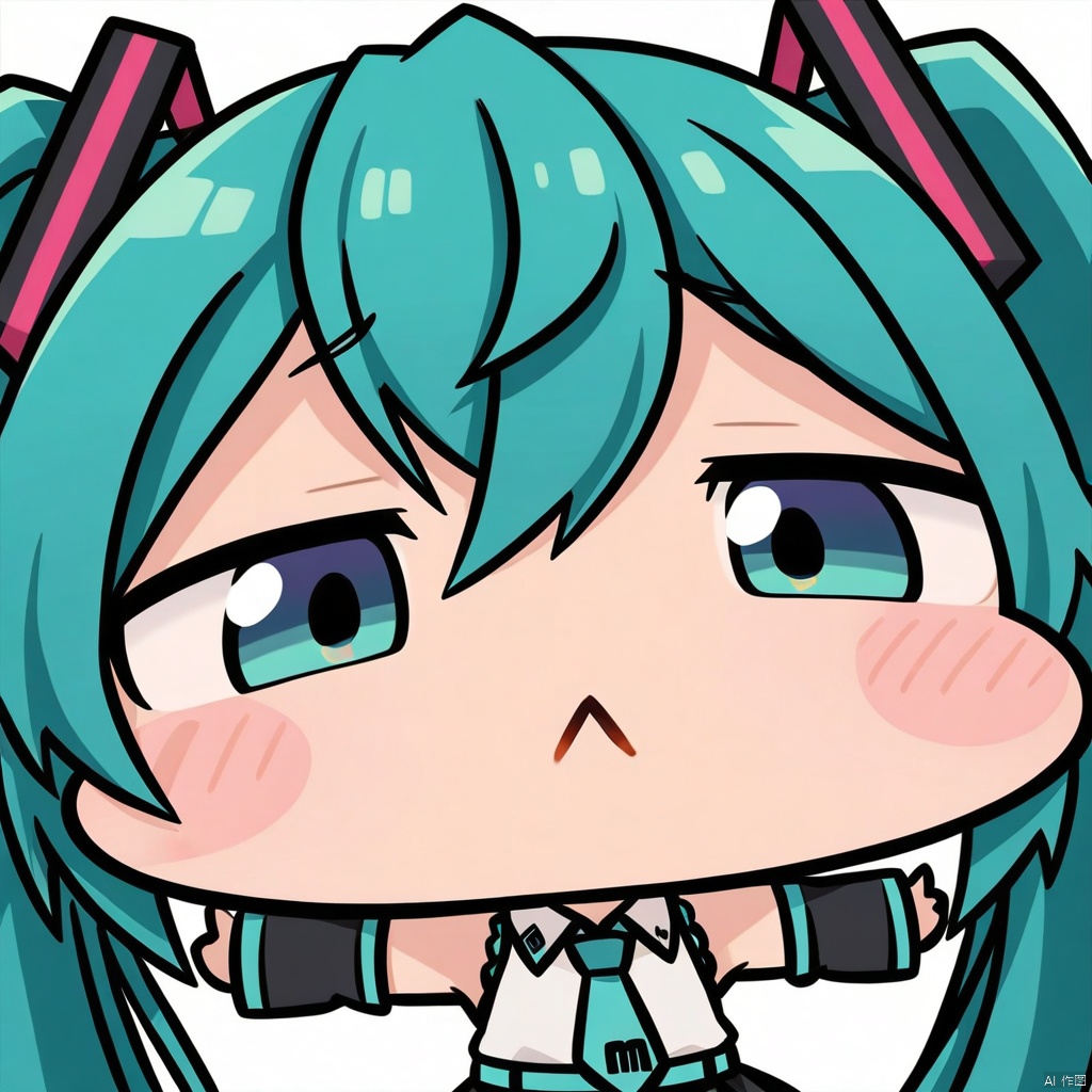close-up, chibi, :<, 1girl, hatsune miku, twintails, necktie, solo, skirt, shirt, aqua hair, black skirt, aqua eyes, detached sleeves, long hair, sleeveless, white shirt, open mouth, white background, aqua necktie, black sleeves, sleeveless shirt, outstretched arms, very long hair, blush stickers, pleated skirt, hair ornament, miniskirt, bare shoulders, musical note