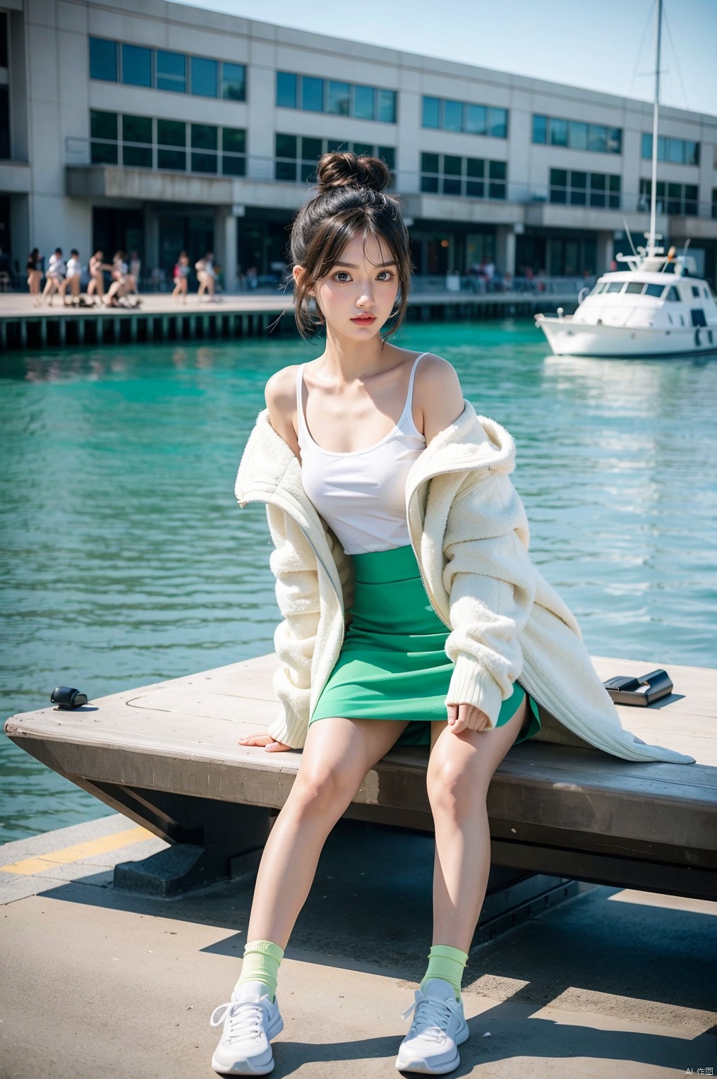 beach,

Fast boats,
﻿Social art, colorful, 
Color splash, movie perspective, (),
Best quality, masterpiece, ultra-high resolution, modern, China, Song Yun, Oriental, beautiful, denim lens, 1 girl, black hair, bangs, bare shoulders, green eyes, 
sports shoes, socks, white and green dresses, open jacket, hair bun, fluffy long sleeves, (short top: 1.3), pants, (whole body: 1.1), gradient
﻿

﻿(Ultra short skirt),
﻿
