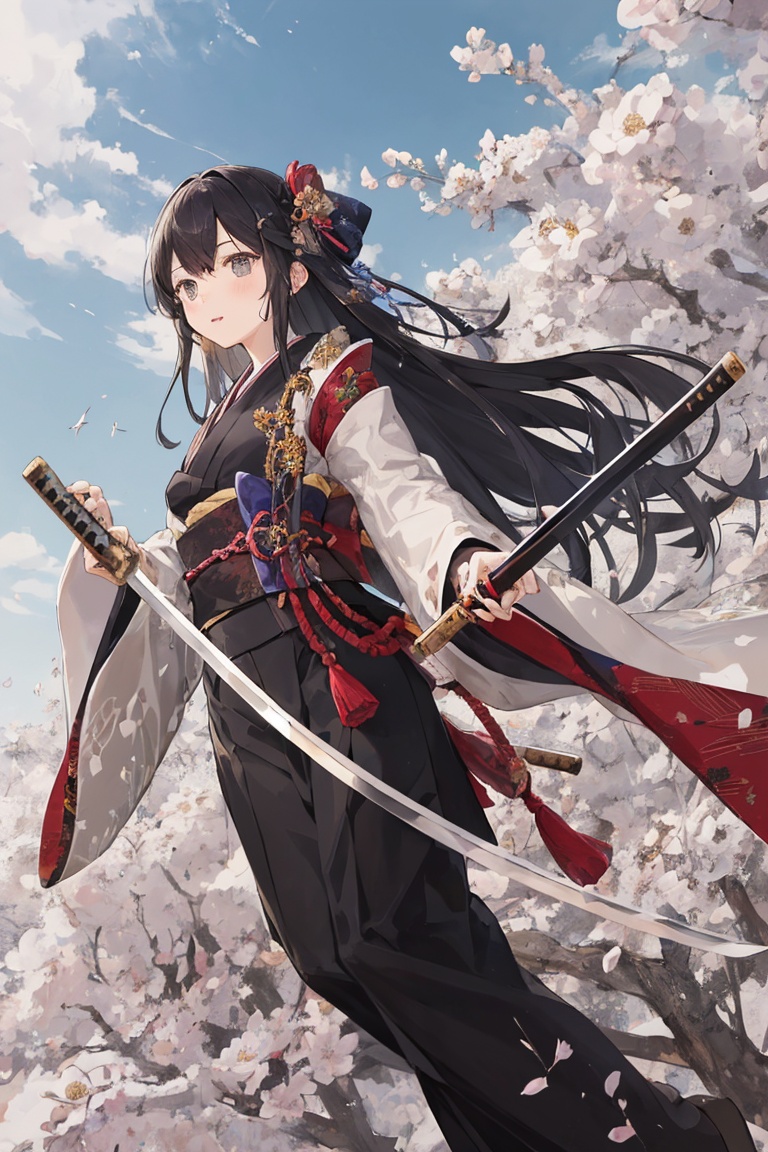 Illustration of a girl ,  a Japanese sword,  kanata . The girl is carrying a Japanese sword. The girl is wearing a beautif...