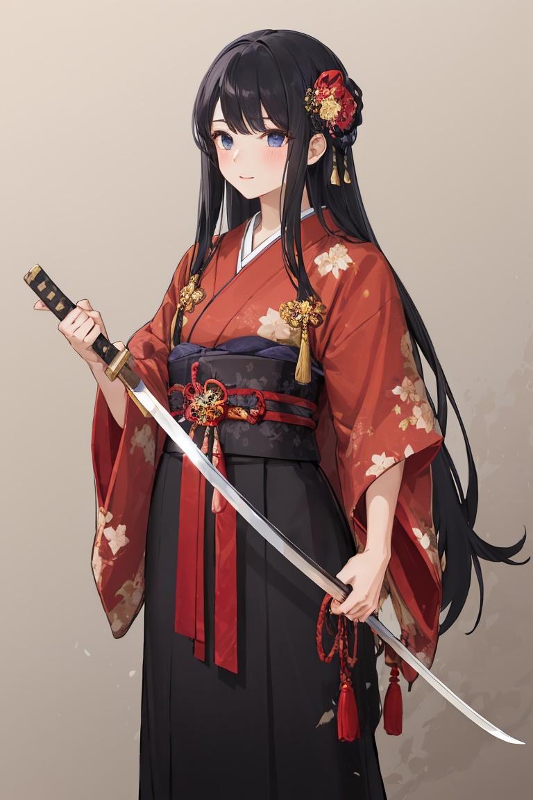 Illustration of a girl holding a Japanese sword . The girl is carrying a Japanese sword. The girl is wearing a beautiful p...