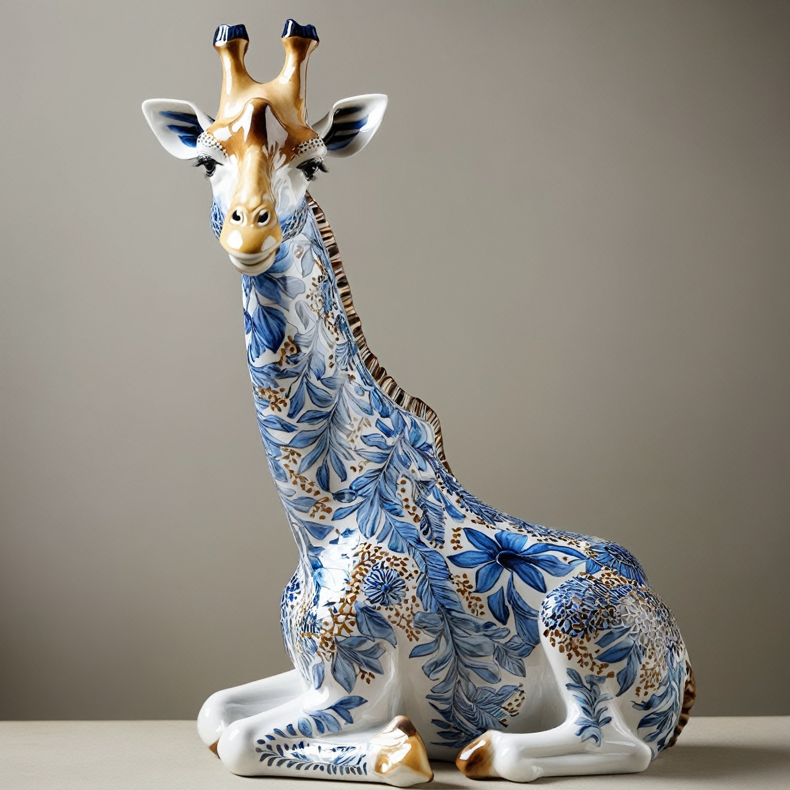 A beautifully crafted ceramic or porcelain figurine of a giraffe. The giraffe is depicted in a seated position with intric...
