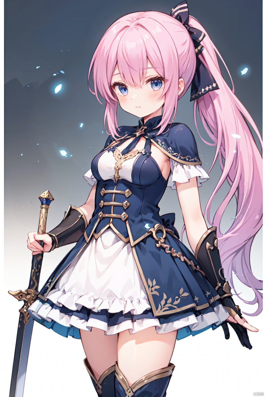 1girl,(pink_hair),crossed bangs,(low ponytail),blue eyes,gothic_lolita,white skirt,gauntlets,one-hand-hilt,hand on hilt,holding sword,planted sword,standing,medieval,
fantasy,thigh,boots,medium breast,cowboy_shot,shigetoakiho,