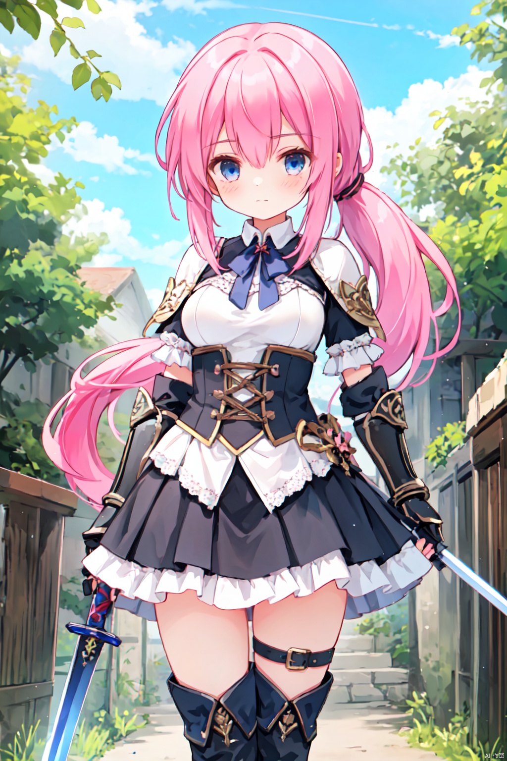 1girl,(pink_hair),crossed bangs,(low ponytail),blue eyes,gothic_lolita,white skirt,gauntlets,one-hand-hilt,hand on hilt,holding sword, planted sword,standing,medieval,
fantasy,thigh,boots,medium breast,cowboy_shot,shigetoakiho,