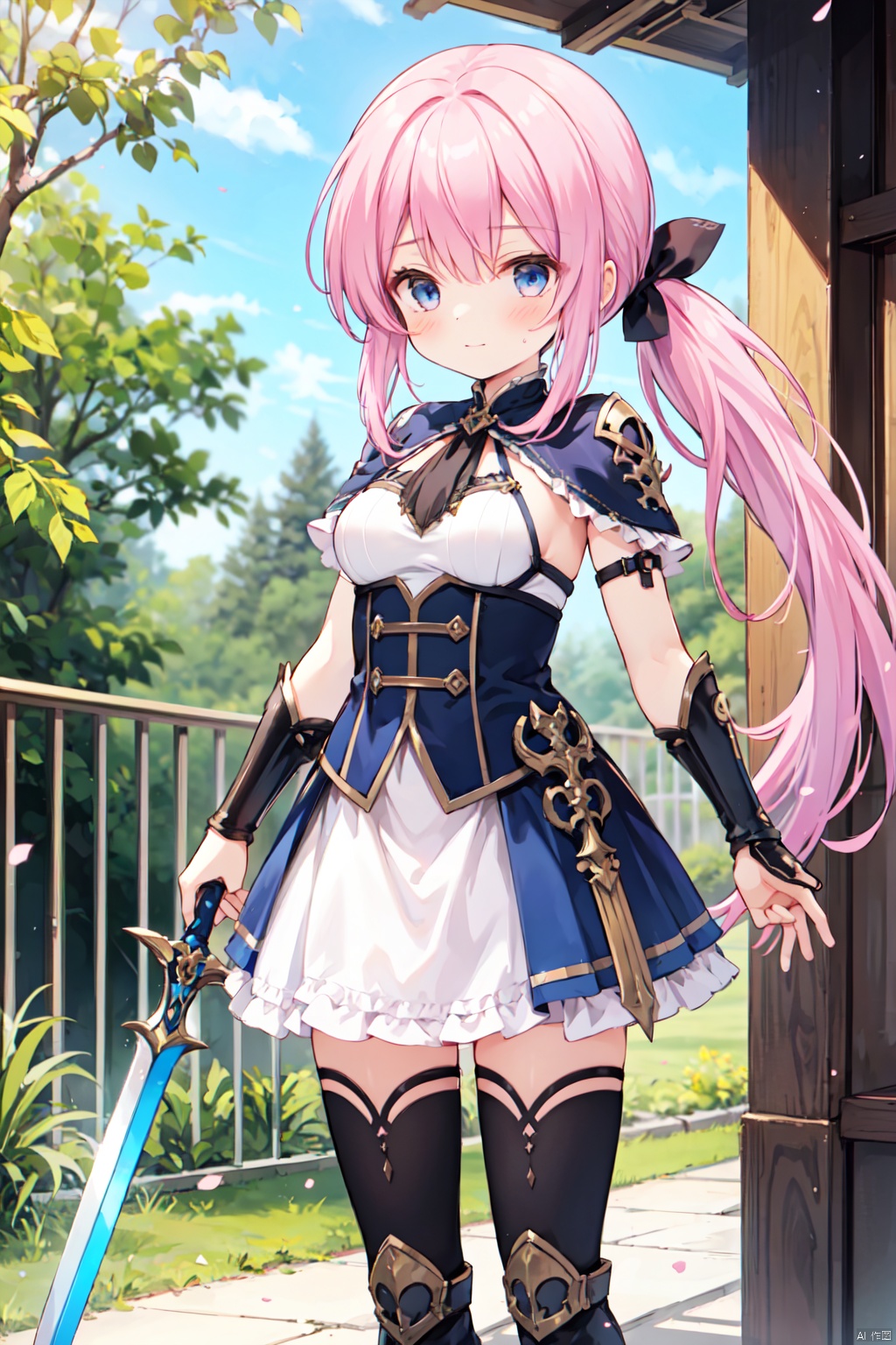 1girl,(pink_hair),crossed bangs,(low ponytail),blue eyes,gothic_lolita,white skirt,gauntlets,one-hand-hilt,hand on hilt,holding sword,planted sword,standing,medieval,
fantasy,thigh,boots,medium breast,cowboy_shot,shigetoakiho,