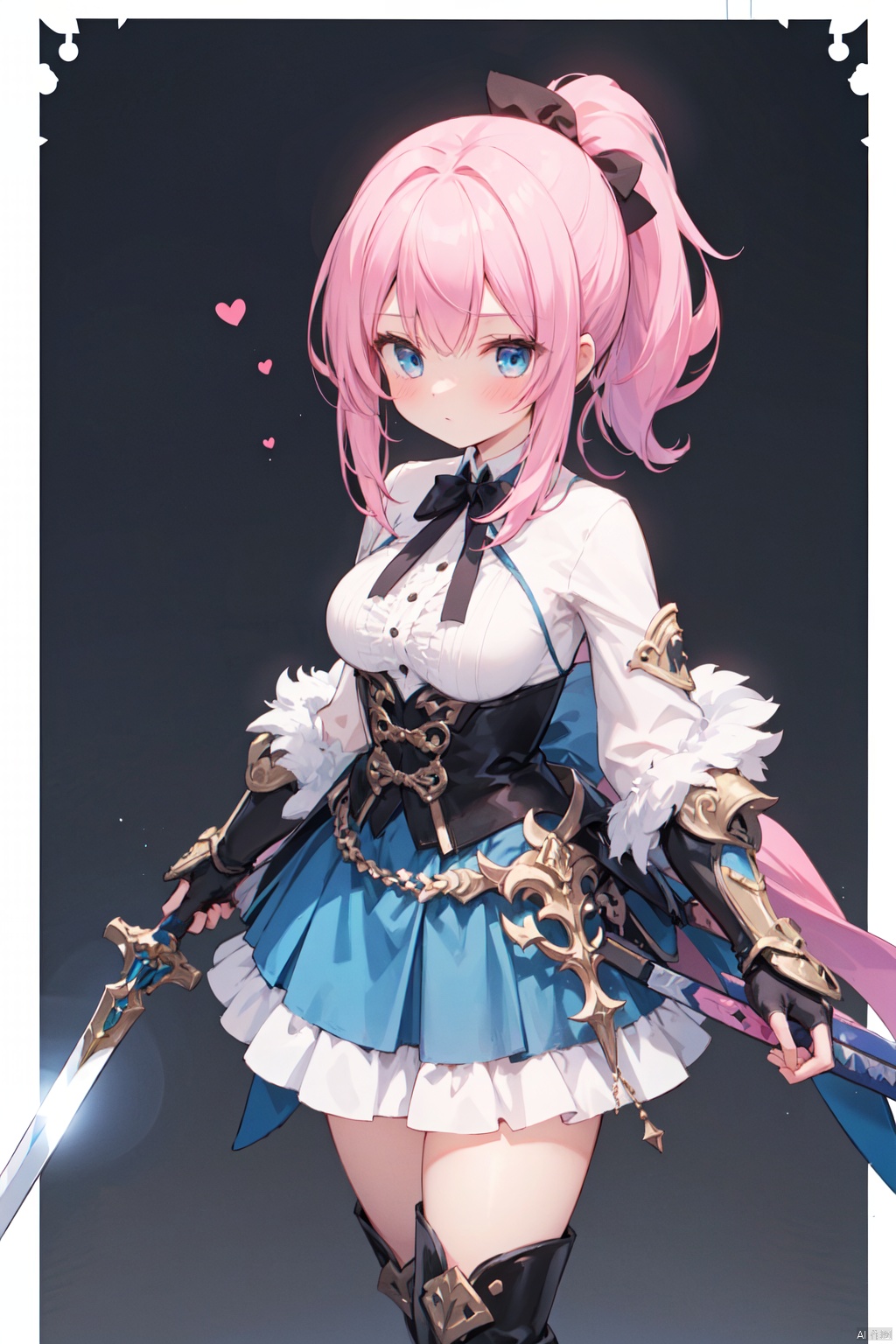 1girl,(pink_hair),crossed bangs,(low ponytail),blue eyes,gothic_lolita,white skirt,gauntlets,one-hand-hilt,hand on hilt,holding sword,planted sword,standing,medieval,
fantasy,thigh,boots,medium breast,cowboy_shot,shigetoakiho,