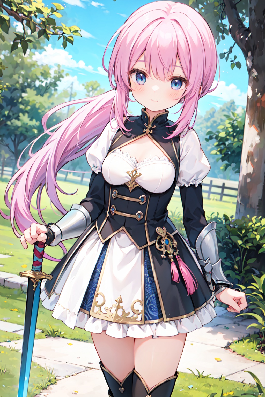 1girl,(pink_hair),crossed bangs,(low ponytail),blue eyes,gothic_lolita,white skirt,gauntlets,one-hand-hilt,hand on hilt,holding sword,planted sword,standing,medieval,
fantasy,thigh,boots,medium breast,cowboy_shot,shigetoakiho,