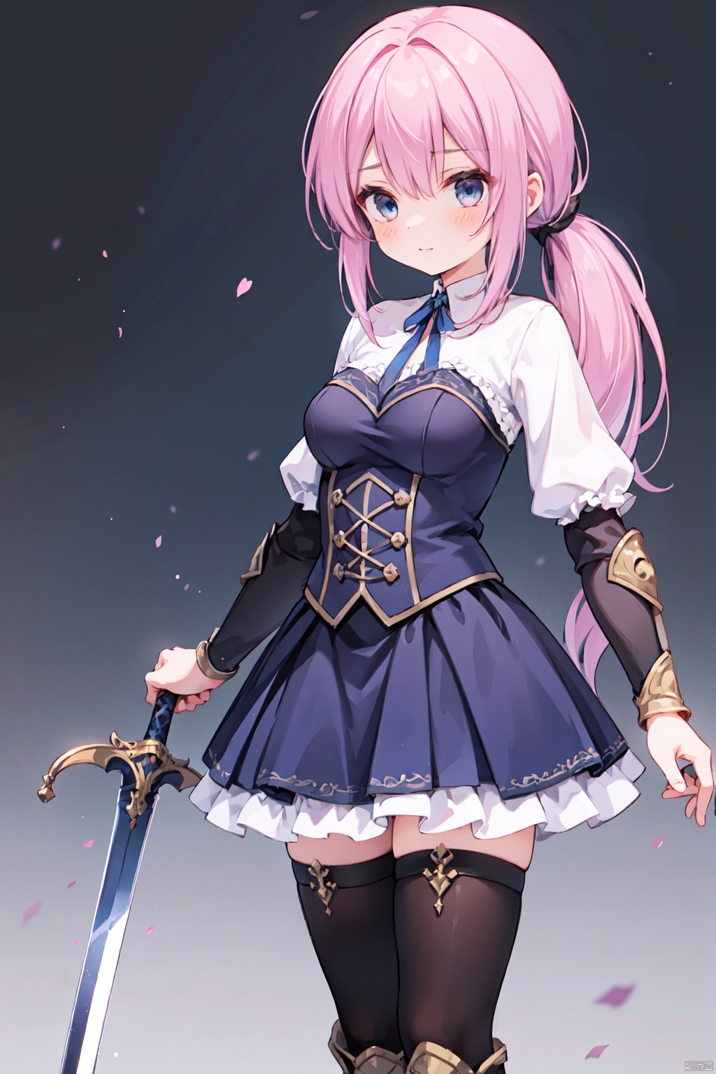 1girl,(pink_hair),crossed bangs,(low ponytail),blue eyes,gothic_lolita,white skirt,gauntlets,one-hand-hilt,hand on hilt,holding sword,planted sword,standing,medieval,
fantasy,thigh,boots,medium breast,cowboy_shot,shigetoakiho,