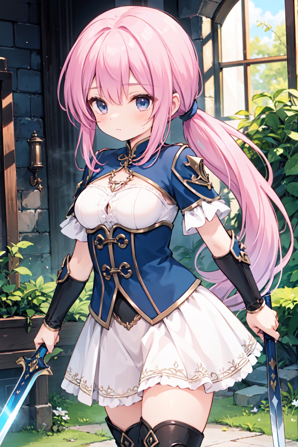 1girl,(pink_hair),crossed bangs,(low ponytail),blue eyes,gothic_lolita,white skirt,gauntlets,one-hand-hilt,hand on hilt,holding sword,planted sword,standing,medieval,
fantasy,thigh,boots,medium breast,cowboy_shot,shigetoakiho,