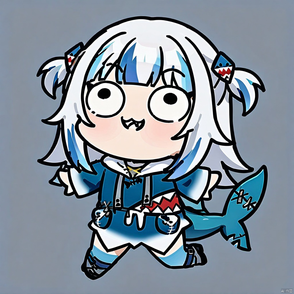 style-parody,chibi,full_body,(masterpiece),(best quality),1girl, gawr gura, virtual youtuber, tail, fish tail, shark tail, solo, blue eyes, multicolored hair, grey hair, full body, blue hair, streaked hair, bangs, hair ornament, shark hair ornament, two side up, white background, hood, blunt bangs, shark girl, hoodie, simple background, blue hoodie