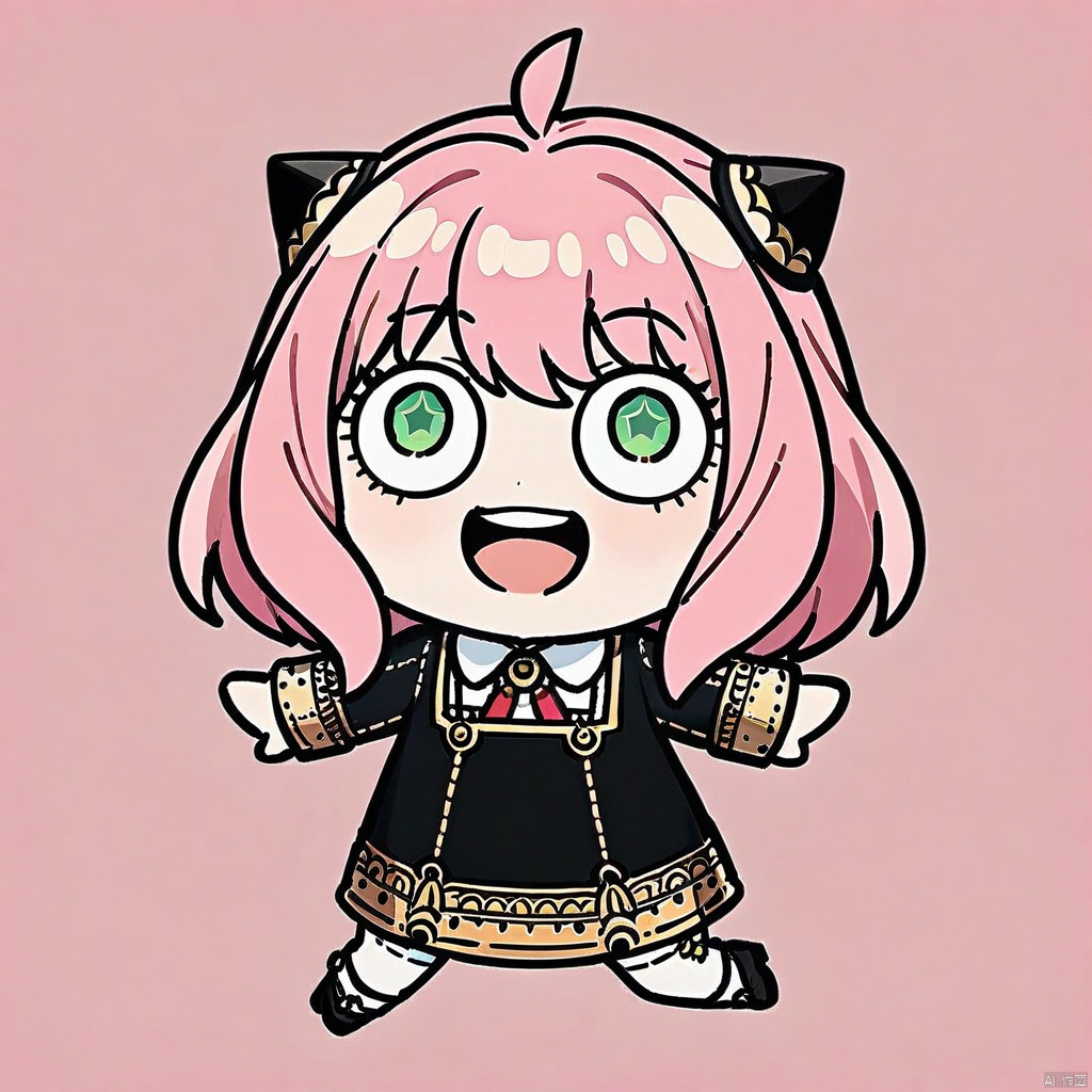 style-parody,chibi,full_body,(masterpiece),(best quality),Anya Forger, 1girl, anya \(spy x family\), solo, female child, pink hair, green eyes, school uniform, eden academy school uniform, smile, dress, sitting, looking at viewer, open mouth, black footwear, black dress, child, shirt, :d, long sleeves, full body, shoes, medium hair, bangs, ahoge, white pantyhose, collared shirt