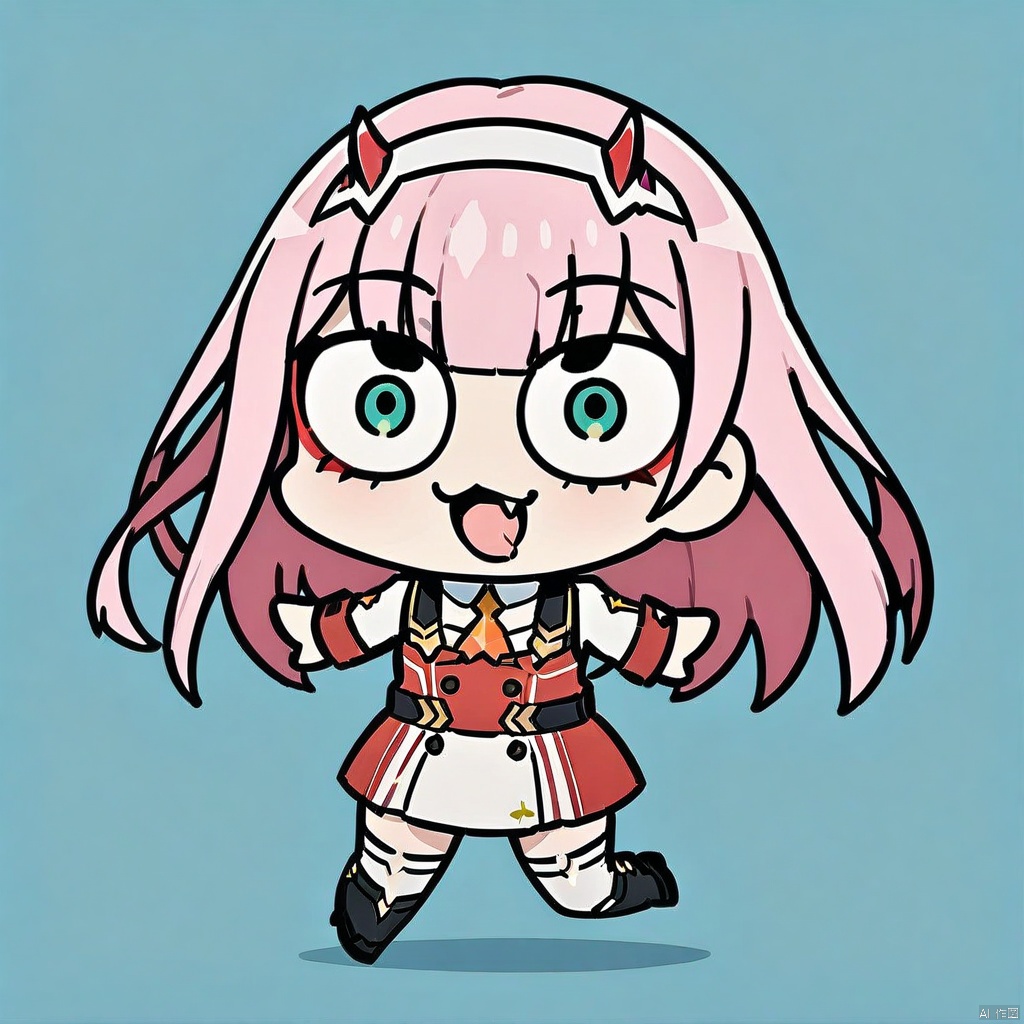 style-parody,chibi,full_body,(masterpiece),(best quality),1girl, aqua_background, aqua_eyes, blue_background, buttons, double-breasted, fangs, green_eyes, hairband, horns, long_hair, looking_at_viewer, military, military_uniform, necktie, pink_hair, sky, solo, tongue, tongue_out, uniform, white_hairband, zero_two_\(darling_in_the_franxx\)