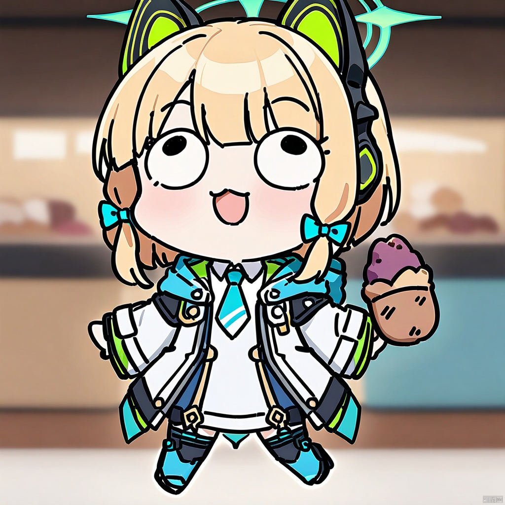 style-parody,chibi,full_body,(masterpiece),(best quality),1girl,midori \(blue archive\),blue archive,aiamu iamu,holding food,holding,hooded jacket,food,sidelocks,:d,collared shirt,blurry,long sleeves,puffy sleeves,headphones,blue bow,hand up,necktie,halo,looking at viewer,jacket,sleeves past wrists,blush,nail polish,blue necktie,animal ear headphones,blurry background,blonde hair,shirt,green eyes,hood down,open clothes,depth of field,hood,smile,white jacket,fake animal ears,bow,puffy long sleeves,open jacket,solo,dress shirt,animal ears,white shirt,blue nails,hair bow,long hair,drawstring,sweet potato,