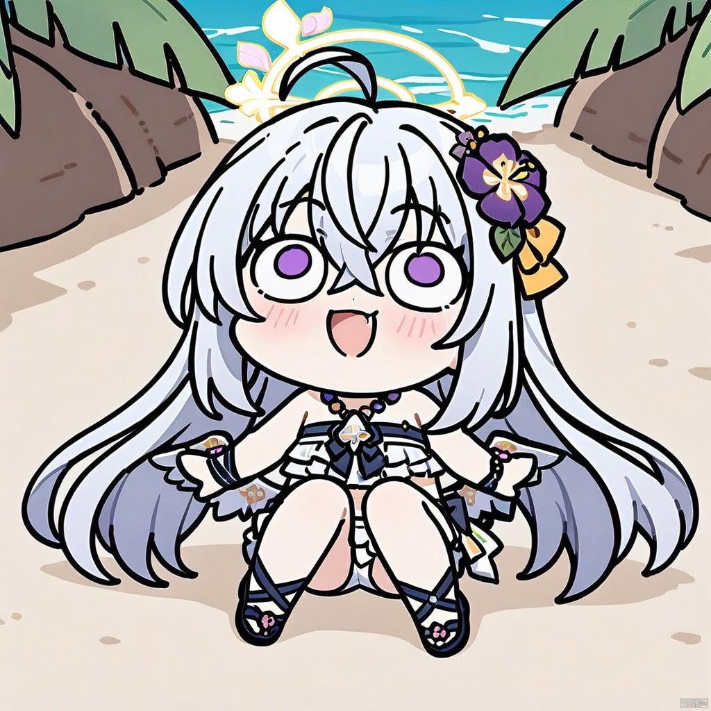 style-parody,chibi,full_body,(masterpiece),(best quality),1girl, solo, hair ornament, azusa (blue archive), swimsuit, hair flower, bikini, long hair, flower, necklace, jewelry, frilled bikini, looking at viewer, frills, hair between eyes, blush, open mouth, purple eyes, smile, wings, halo, bow, bead necklace, strapless, beads, ahoge, bare shoulders, strapless bikini, outdoors, purple flower, official alternate costume, knees up, crossed bangs, white hair