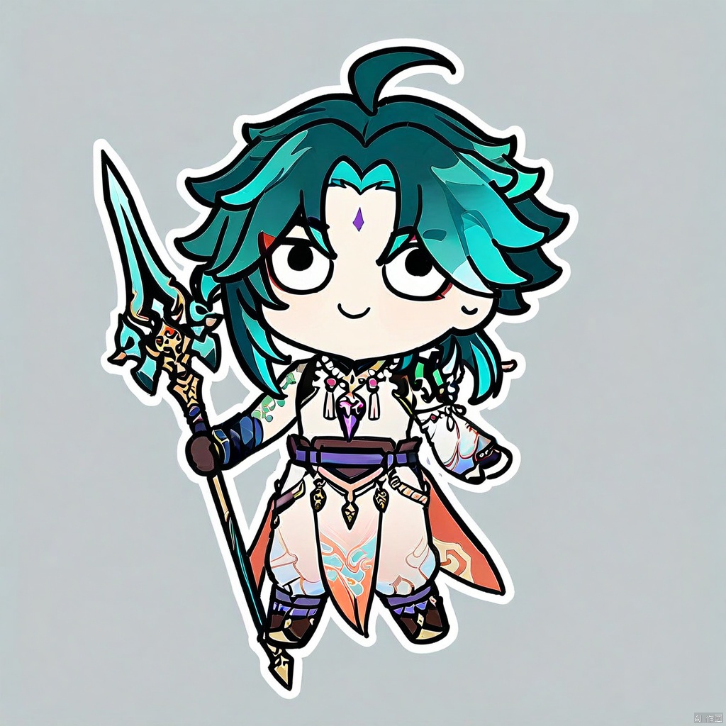 style-parody,chibi,full_body,(masterpiece),(best quality),1boy, solo, xiao \(genshin impact\), weapon, male focus, necklace, polearm, white background, jewelry, holding weapon, simple background, holding, smile, multicolored hair, bead necklace, green hair, full body, gloves, holding polearm, spear, asymmetrical clothes, tattoo, beads, ahoge, standing, closed mouth, bangs, detached sleeves, looking at viewer, facial mark, arm guards