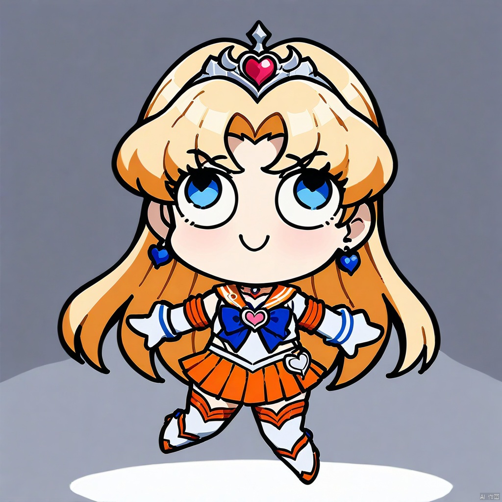 style-parody,chibi,full_body,(masterpiece),(best quality),1girl,sailor venus,masterpiece,best quality,very aesthetic,absurdres,aavenus,long hair,blonde hair,hair bow,tiara,blue eyes,earrings,orange choker,collarbone,orange sailor collar,blue bowtie,white shirt,white leotard,elbow gloves,white gloves,pleated skirt,orange skirt,heart hands,traditional media,