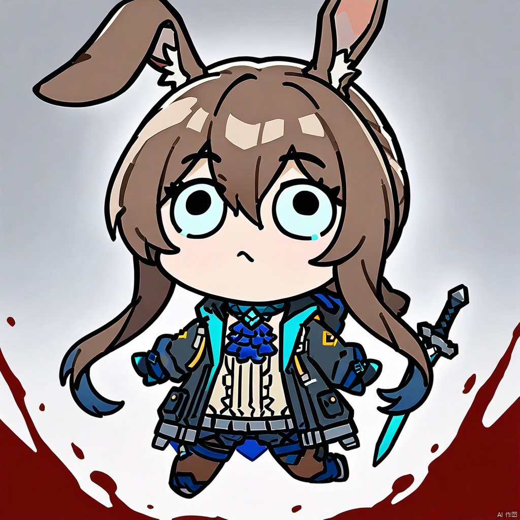 style-parody,chibi,full_body,(masterpiece),(best quality),1girl, animal ears, amiya (arknights), solo, blue eyes, rabbit ears, long hair, holding, looking at viewer, blood, weapon, blue ascot, upper body, holding weapon, brown hair, ascot, hair between eyes, sword, holding sword, jacket, blood on face, closed mouth, open clothes, sidelocks, open jacket, jewelry, shirt, neck ring, white shirt, black jacket, ponytail, glowing,