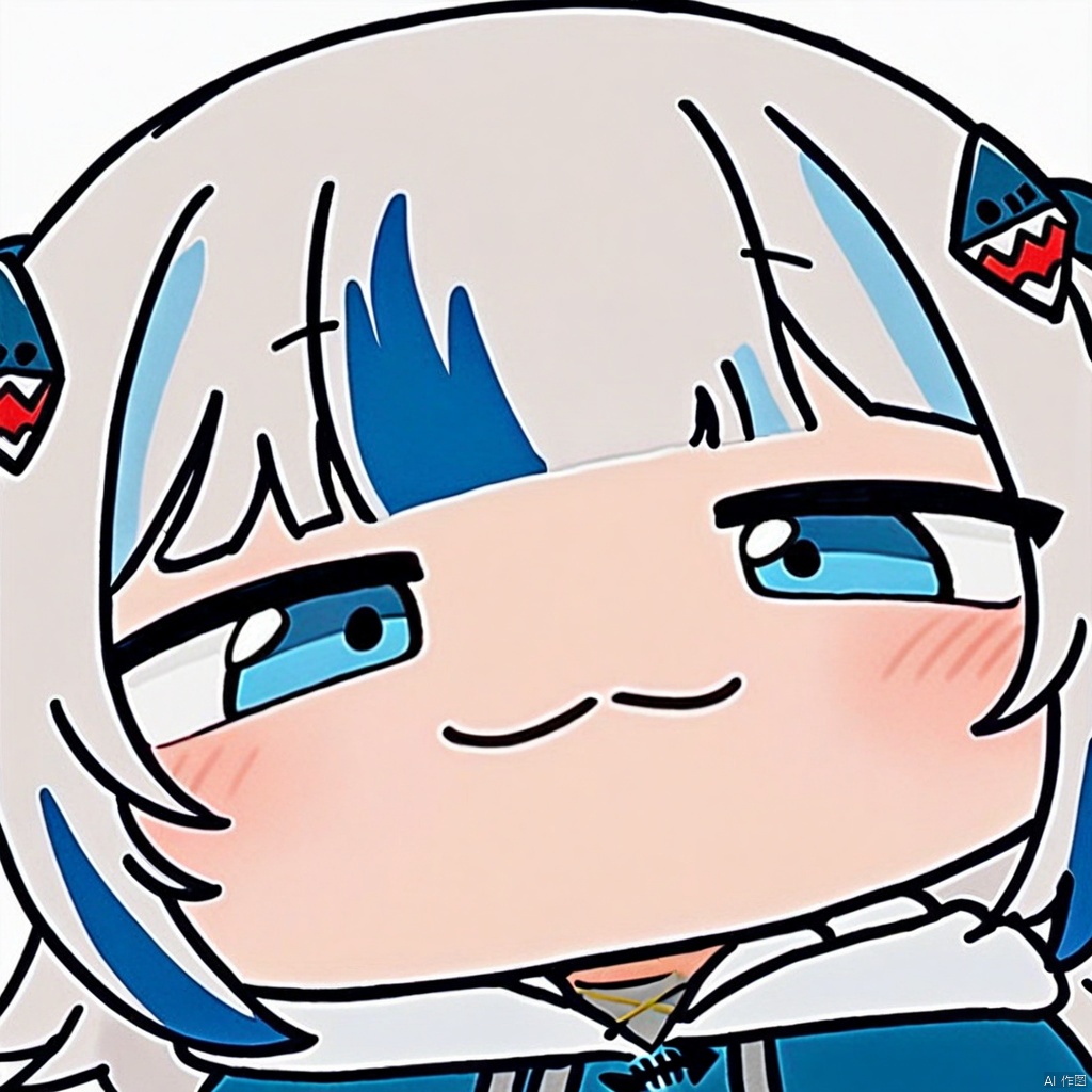 close-up, chibi, smug, 1girl, gawr gura, virtual youtuber, tail, fish tail, shark tail, solo, blue eyes, multicolored hair, grey hair, blue hair, streaked hair, bangs, hair ornament, shark hair ornament, two side up, white background, hood, blunt bangs, shark girl, hoodie, simple background, blue hoodie