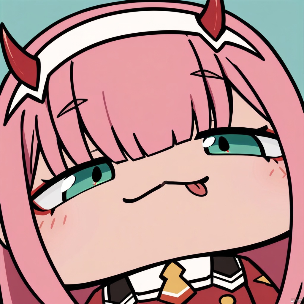 close-up, chibi, smug, (masterpiece),(best quality),1girl, aqua_background, aqua_eyes, blue_background, buttons, double-breasted, fangs, green_eyes, hairband, horns, long_hair, looking_at_viewer, military, military_uniform, necktie, pink_hair, sky, solo, tongue, tongue_out, uniform, white_hairband, zero_two_\(darling_in_the_franxx\)