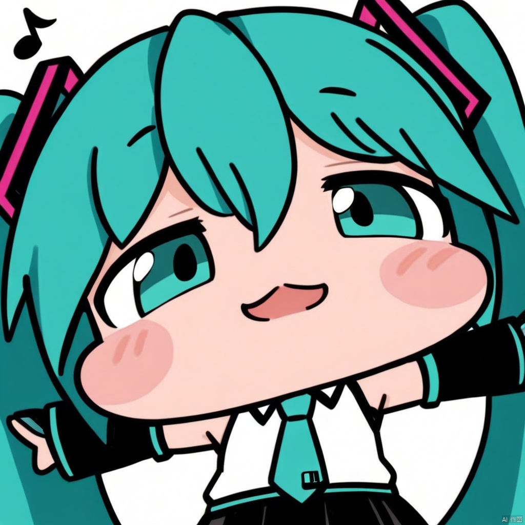 close-up, chibi, smug, (masterpiece),(best quality),1girl, hatsune miku, twintails, necktie, solo, skirt, shirt, aqua hair, black skirt, aqua eyes, detached sleeves, long hair, sleeveless, white shirt, open mouth, white background, aqua necktie, black sleeves, sleeveless shirt, outstretched arms, very long hair, blush stickers, pleated skirt, hair ornament, miniskirt, bare shoulders, musical note