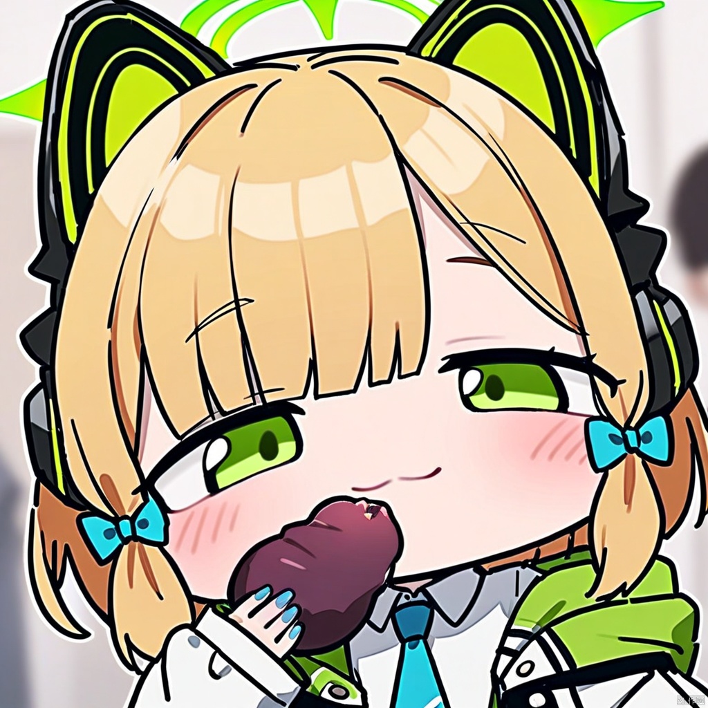 close-up, chibi, smug, 1girl, (masterpiece),(best quality),1girl,midori \(blue archive\),blue archive,aiamu iamu,holding food,holding,hooded jacket,food,sidelocks,:d,collared shirt,blurry,long sleeves,puffy sleeves,headphones,blue bow,hand up,necktie,upper body,halo,looking at viewer,jacket,sleeves past wrists,blush,nail polish,blue necktie,animal ear headphones,blurry background,blonde hair,shirt,green eyes,hood down,open clothes,depth of field,hood,smile,white jacket,fake animal ears,bow,puffy long sleeves,open jacket,solo,dress shirt,animal ears,white shirt,blue nails,hair bow,long hair,drawstring,sweet potato,
