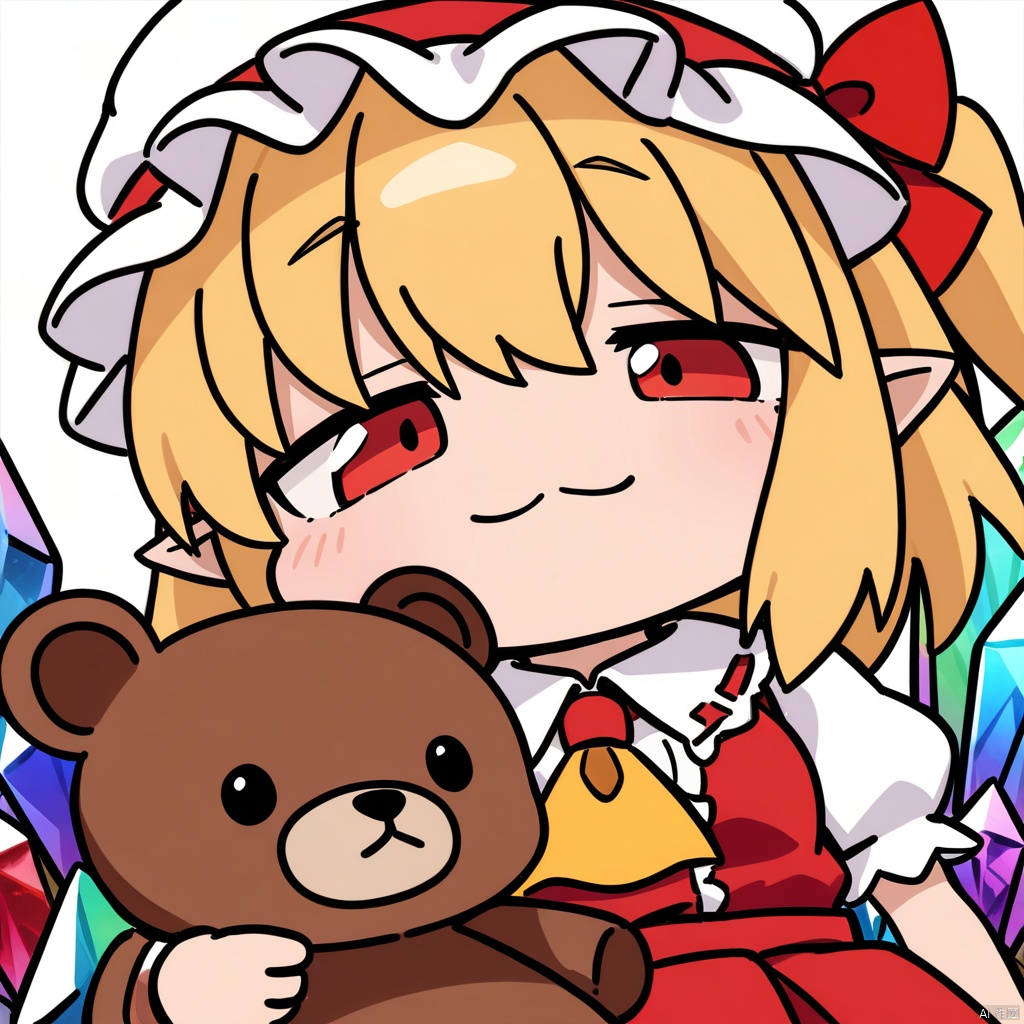 close-up, chibi, smug, (masterpiece),(best quality),1girl, flandre scarlet, touhou, hat, mob cap, solo, blonde hair, stuffed toy, red vest, wings, stuffed animal, teddy bear, red eyes, crystal, vest, white headwear, outdoor, short sleeves, one side up, holding, puffy sleeves, skirt, shirt, pointy ears, red skirt, looking at viewer, puffy short sleeves, ascot, yellow ascot, wrist cuffs, white shirt, holding stuffed toy, bow, frills, red bow, collared shirt, ribbon, frilled shirt collar, red ribbon, medium hair masterpiece, best quality, very aesthetic, absurdres