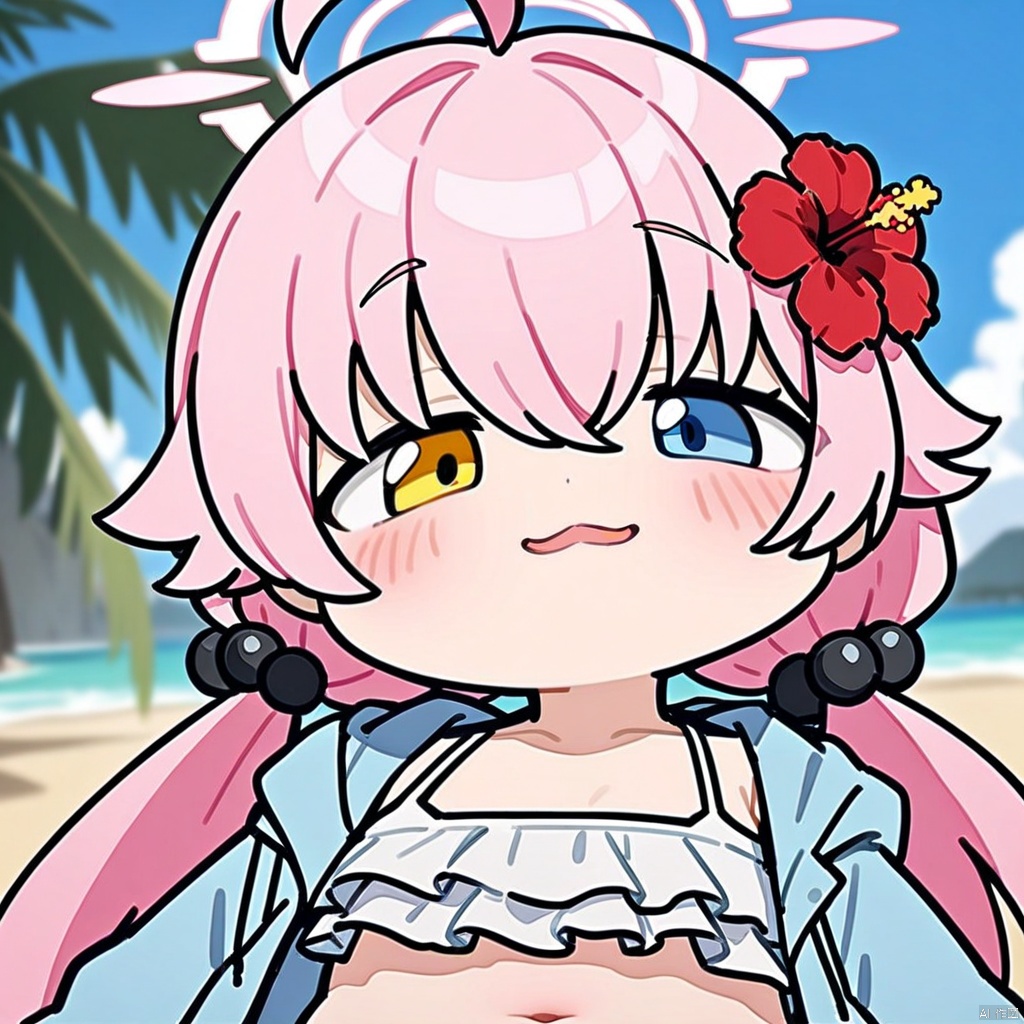 close-up, chibi, smug, (masterpiece),(best quality),solo, red flower, 1girl, hoshino (blue archive), flower, blue jacket, hoshino (swimsuit) (blue archive), hair ornament, white bikini, frilled bikini, heterochromia, swimsuit, twintails, long hair, ahoge, yellow eyes, bikini, navel, halo, blush, looking at viewer, jacket, frills, low twintails, blue eyes, open mouth, pink hair, collarbone, hair between eyes, hair bobbles, outdoors, long sleeves, hair flower, official alternate costume, hibiscus, open clothes, blurry