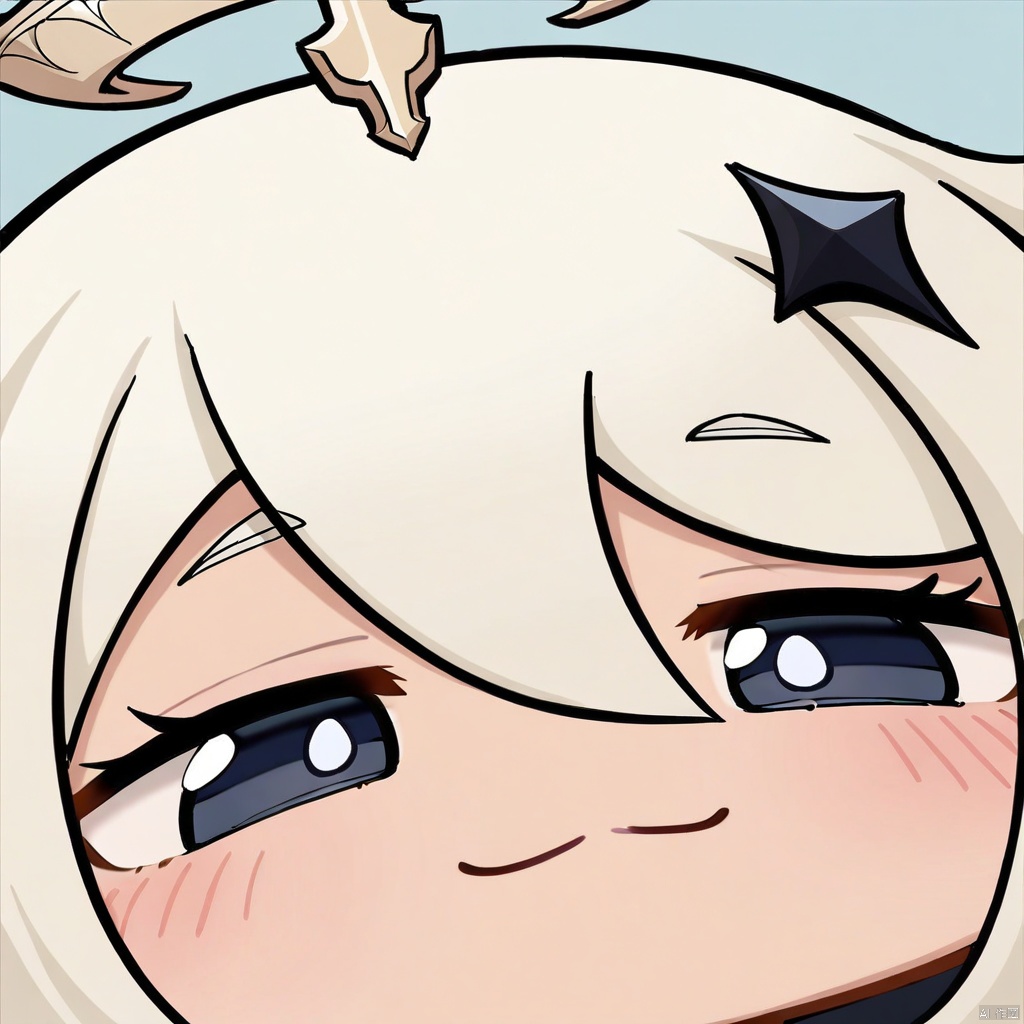 close-up, chibi, smug, 1girl, paimon \(genshin impact\), solo, white hair, hair between eyes, halo, looking at viewer, bangs, hair ornament, grey eyes, smile, :3, blue eyes, blush, simple background