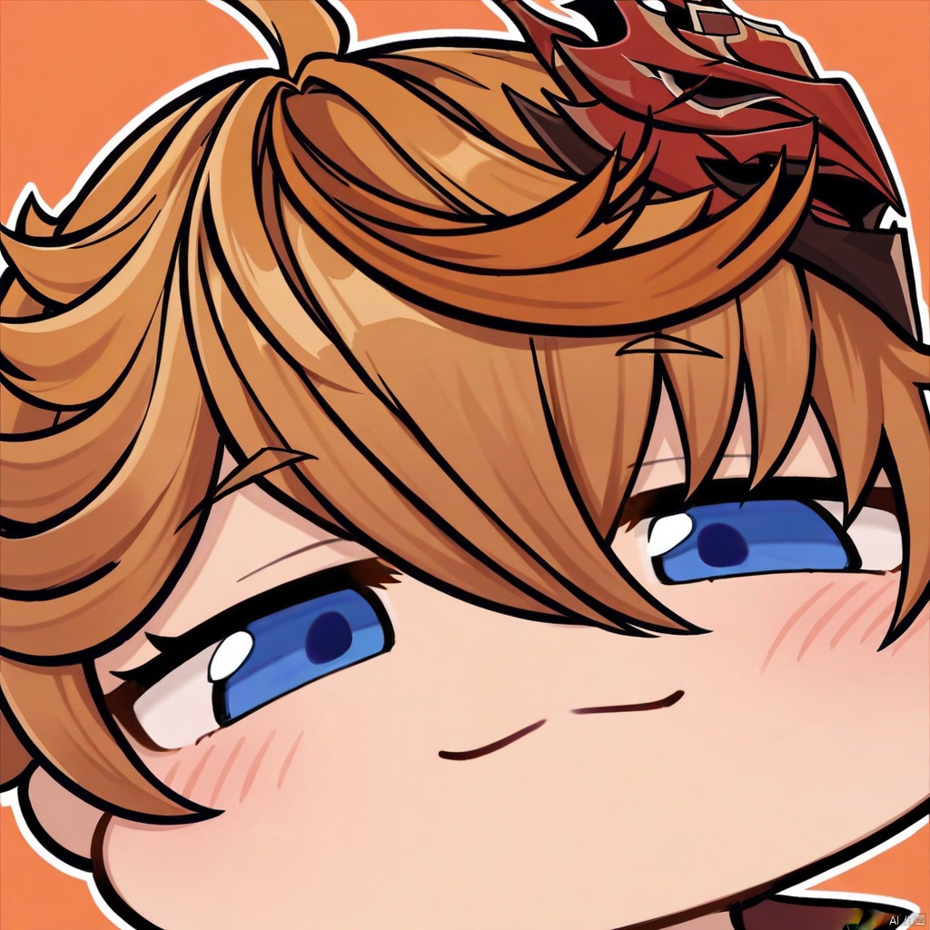 close-up, chibi, smug, blue eyes, tartaglia \(genshin impact\), mask on head, hair between eyes, bangs, solo, mask, looking at viewer, orange hair, simple background, 1boy, blush