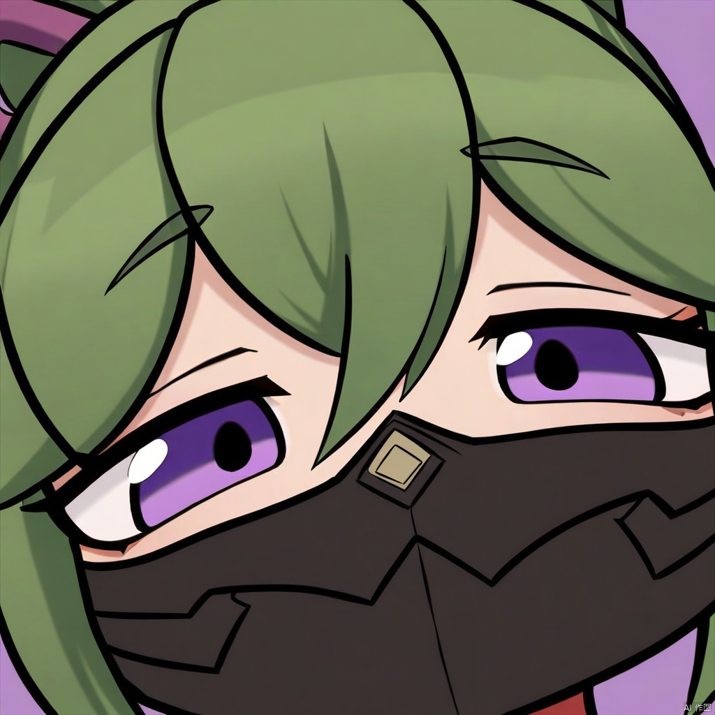 close-up, chibi, smug, 1girl, mouth mask, mask, kuki shinobu, green hair, purple eyes, solo, bangs, hair between eyes, looking at viewer, ninja mask, simple background, black mask, sidelocks