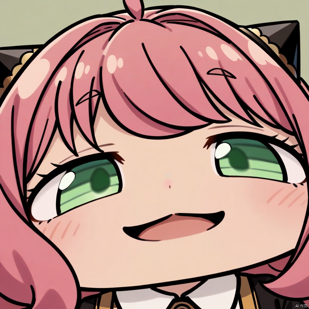 close-up, chibi, smug, (masterpiece),(best quality),Anya Forger, 1girl, anya \(spy x family\), solo, female child, pink hair, green eyes, school uniform, eden academy school uniform, smile, dress, sitting, looking at viewer, open mouth, black footwear, black dress, child, shirt, :d, long sleeves, full body, shoes, medium hair, bangs, ahoge, white pantyhose, collared shirt