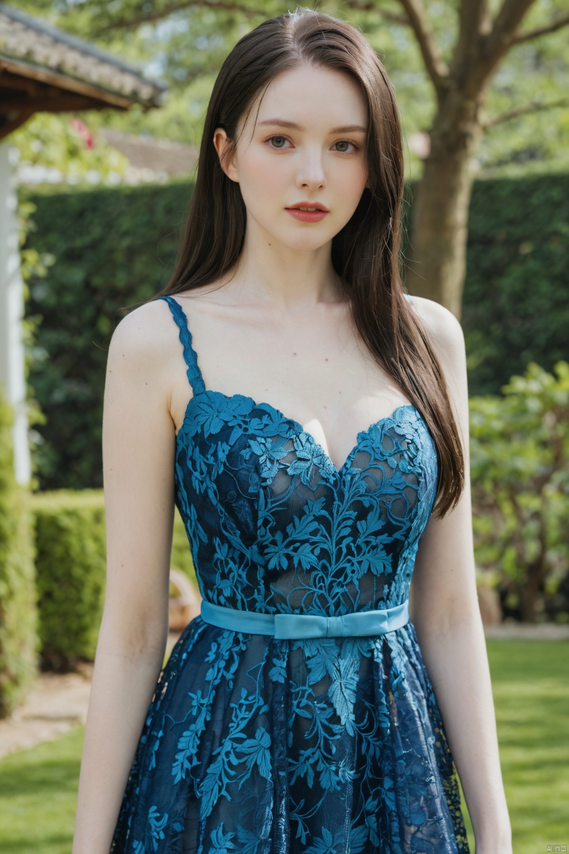  (masterpiece:1.2),1girl,photorealistic,pale_skin,realistic skin,(big breast:1.29),(looking away),long hair,straight_hair,black hair,garden, Lace_dress,