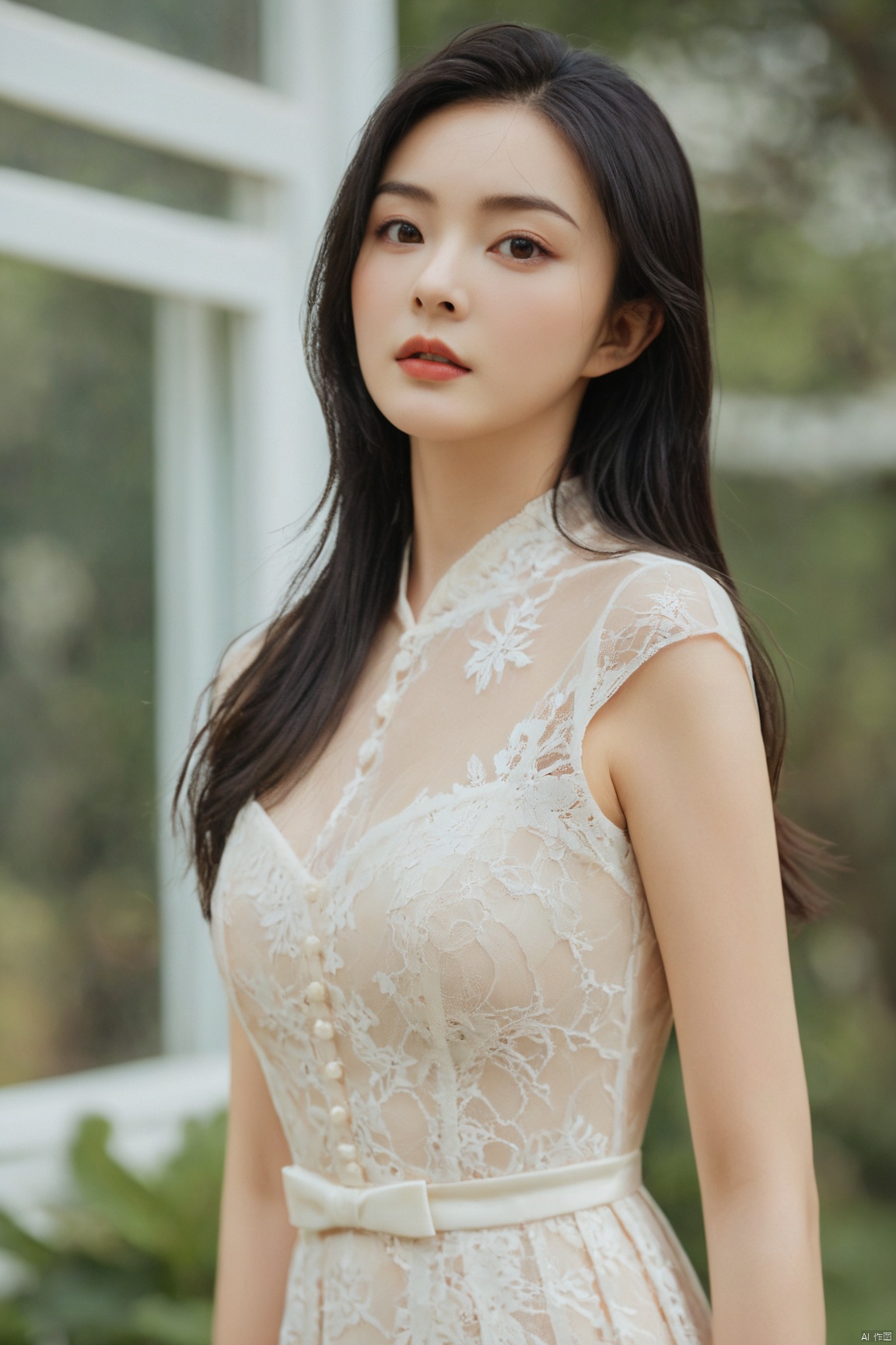  (masterpiece:1.2),1girl,photorealistic,pale_skin,realistic skin,(big breast:1.59),(looking away),long hair,straight_hair,black hair,garden, Lace_dress, Brigitte Lin