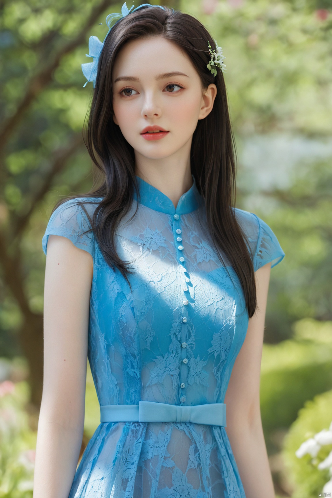  (masterpiece:1.2),1girl,photorealistic,pale_skin,realistic skin,(big breast:1.29),(looking away),long hair,straight_hair,black hair,garden, Lace_dress,